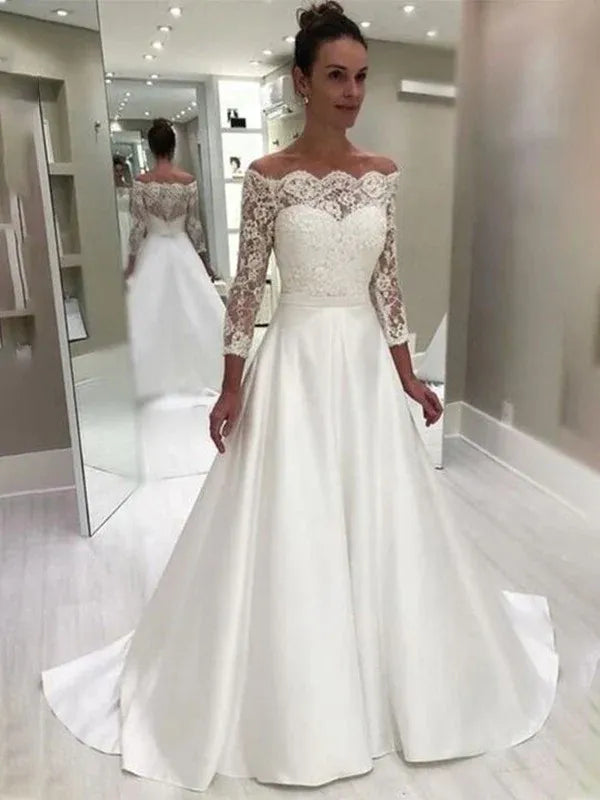 Off‑The‑Shoulder Three‑Quarter‑Sleeve Lace‑Bodice Satin A‑Line Wedding Dress With Sweep Train