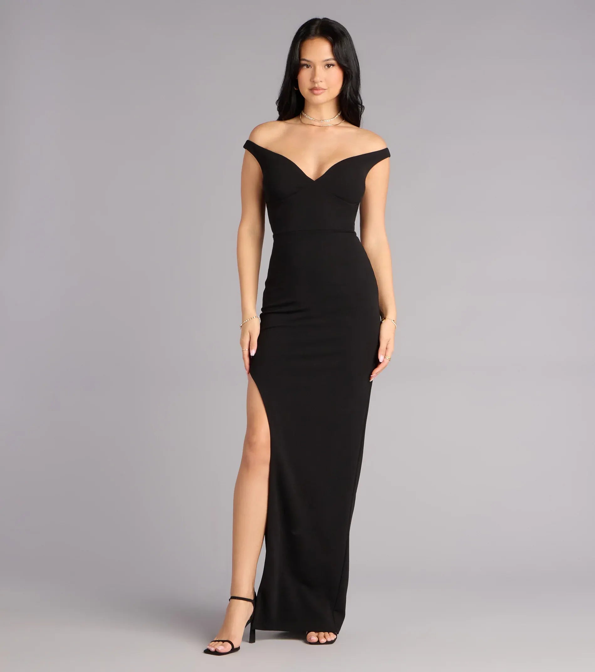 Off The Shoulder V Neck High Slit Solid Black Bodycon Mermaid Maxi Wedding Guest Dress