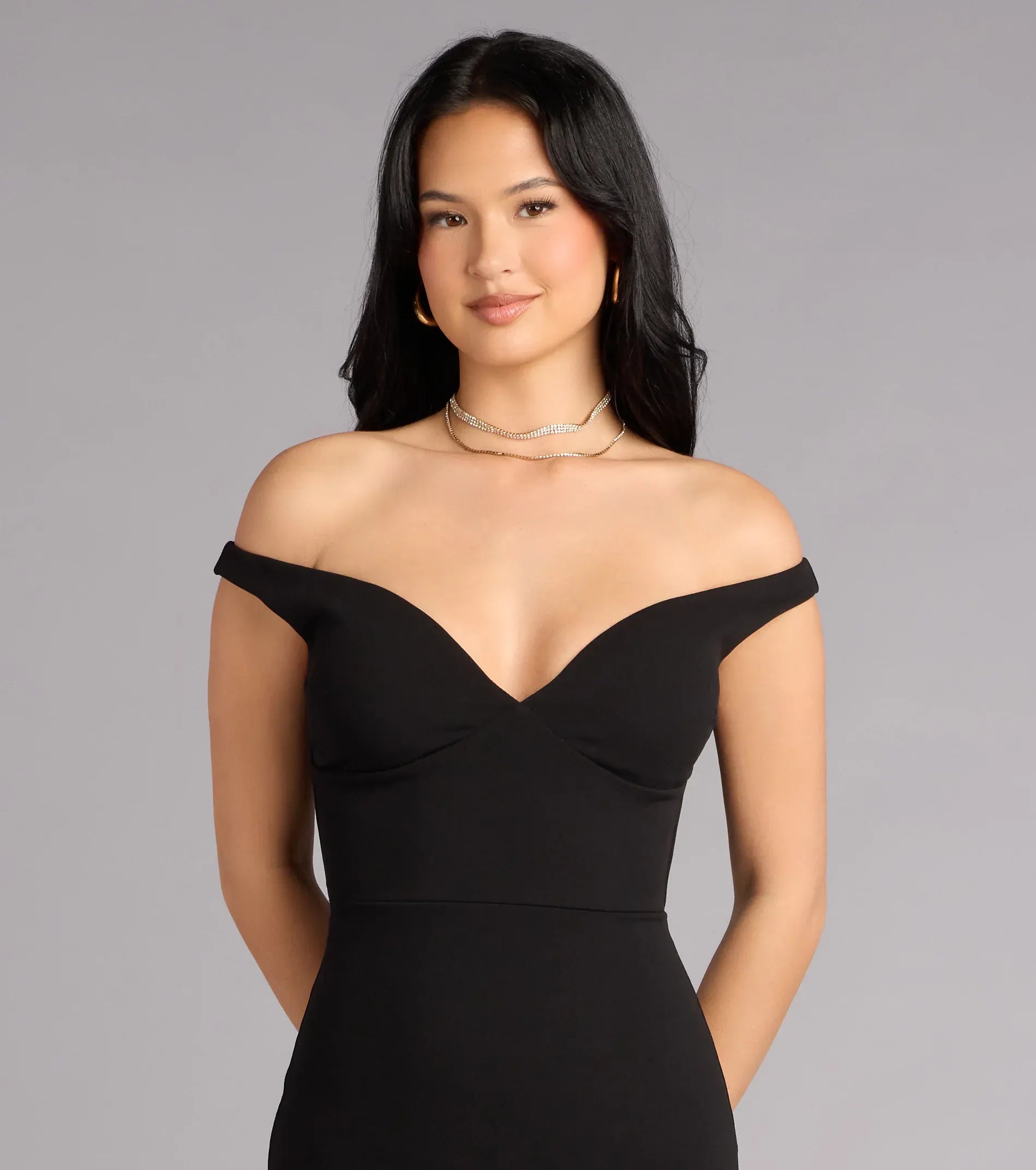 Off The Shoulder V Neck High Slit Solid Black Bodycon Mermaid Maxi Wedding Guest Dress