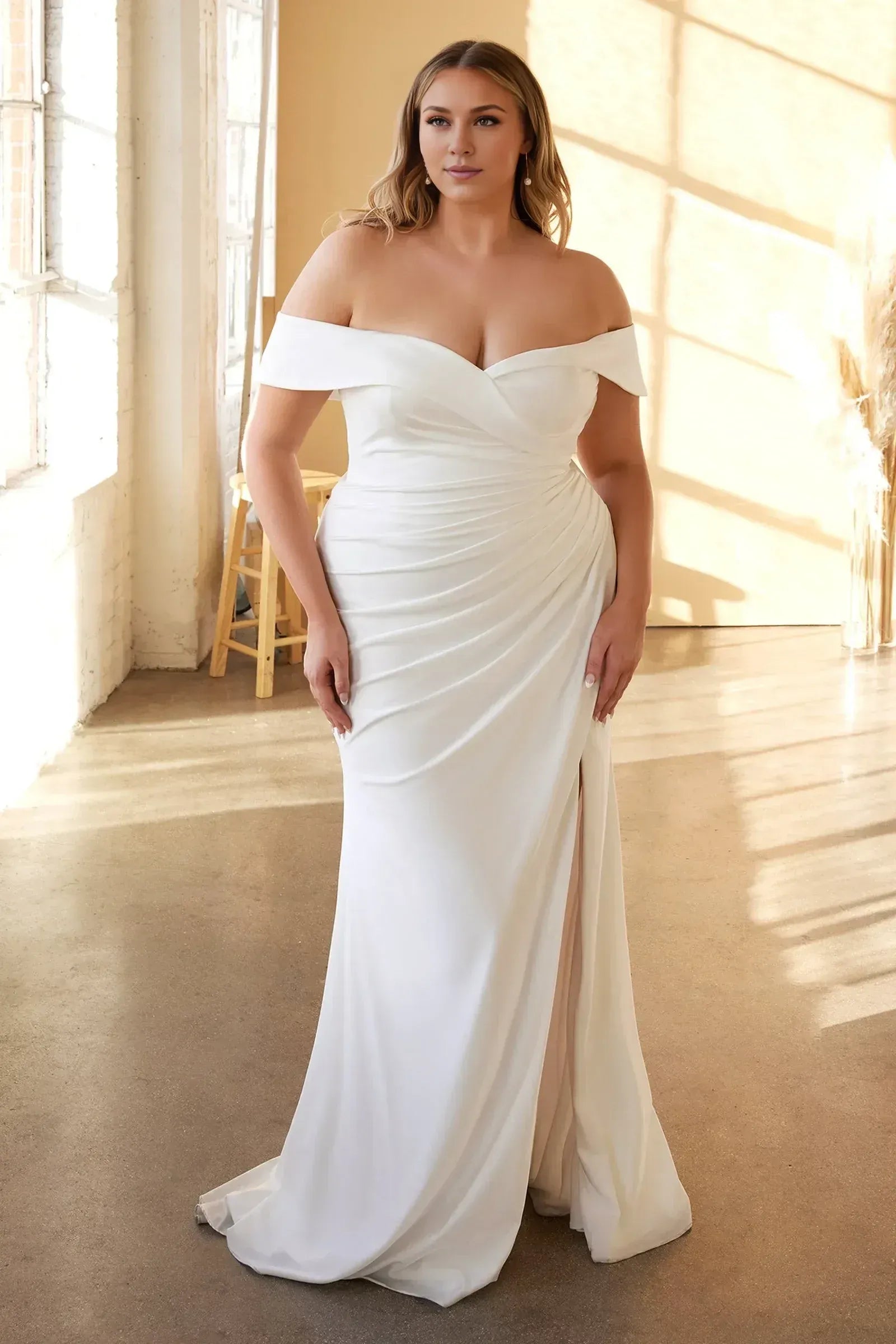 Off The Shoulder Wrap Ruched Side Slit Mermaid Plus Size Satin Wedding Dress