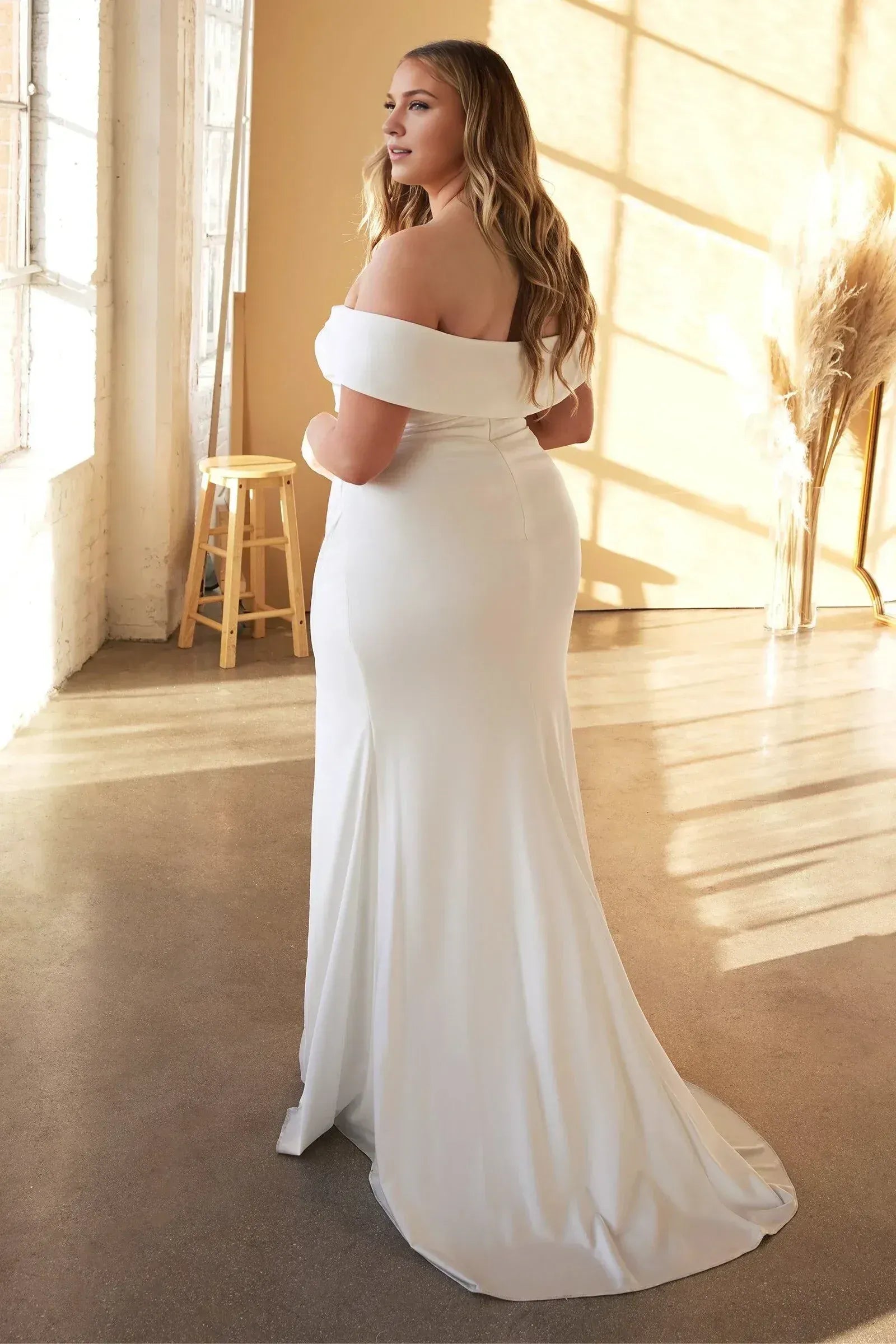 Off The Shoulder Wrap Ruched Side Slit Mermaid Plus Size Satin Wedding Dress
