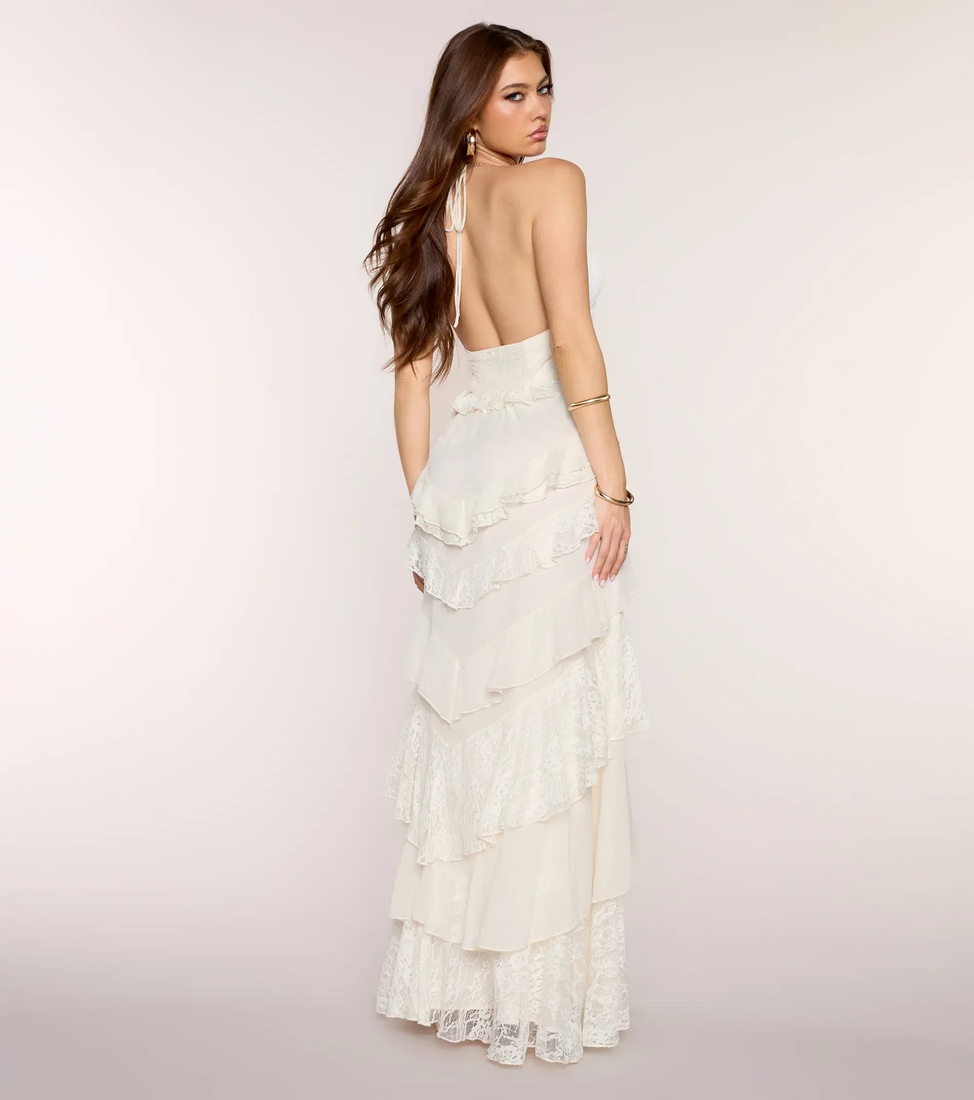 Off White Chiffon Halter Deep V Lace Tiered Ruffle Open Back Maxi Wedding Guest Dresses
