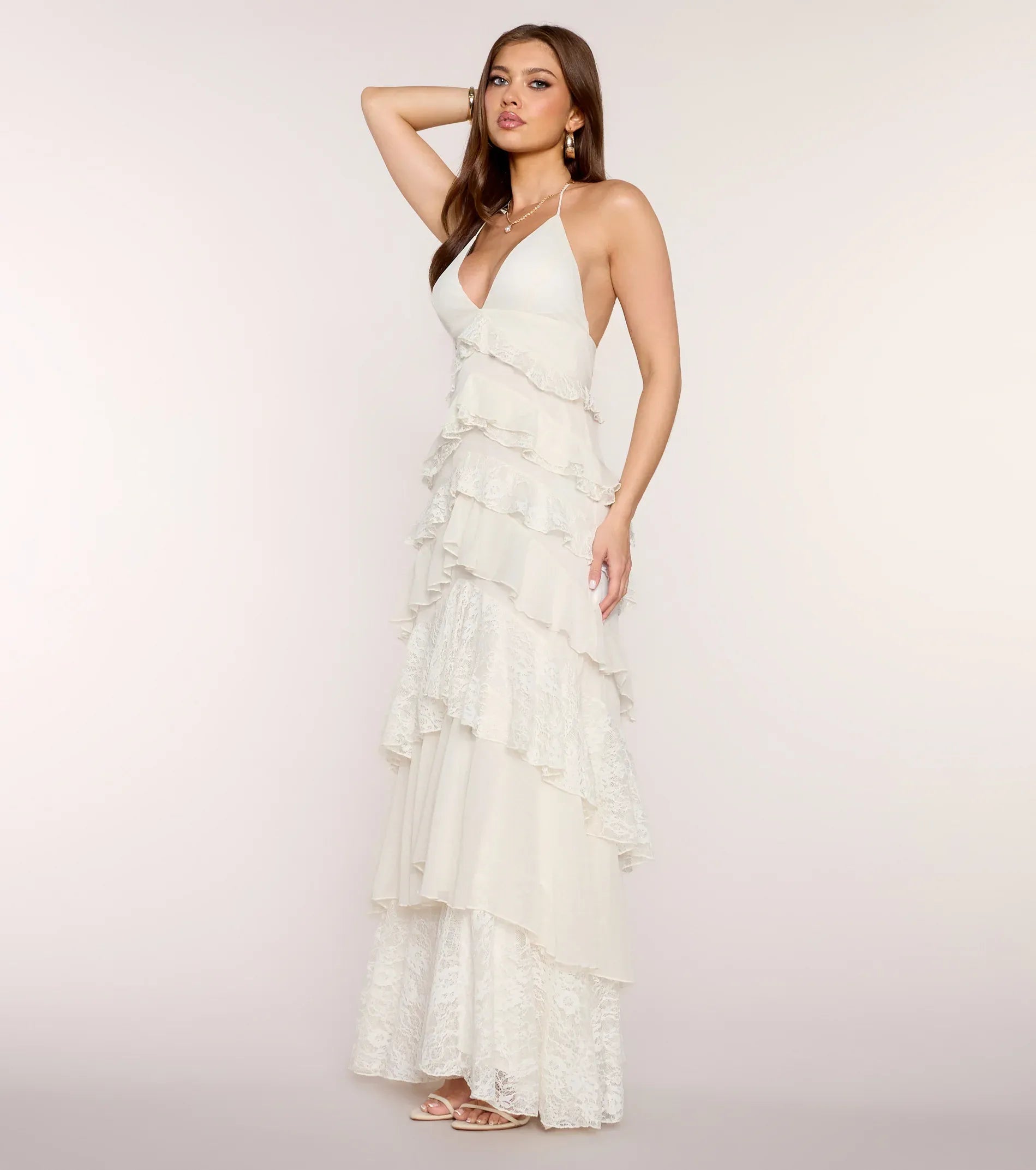 Off White Chiffon Halter Deep V Lace Tiered Ruffle Open Back Maxi Wedding Guest Dresses