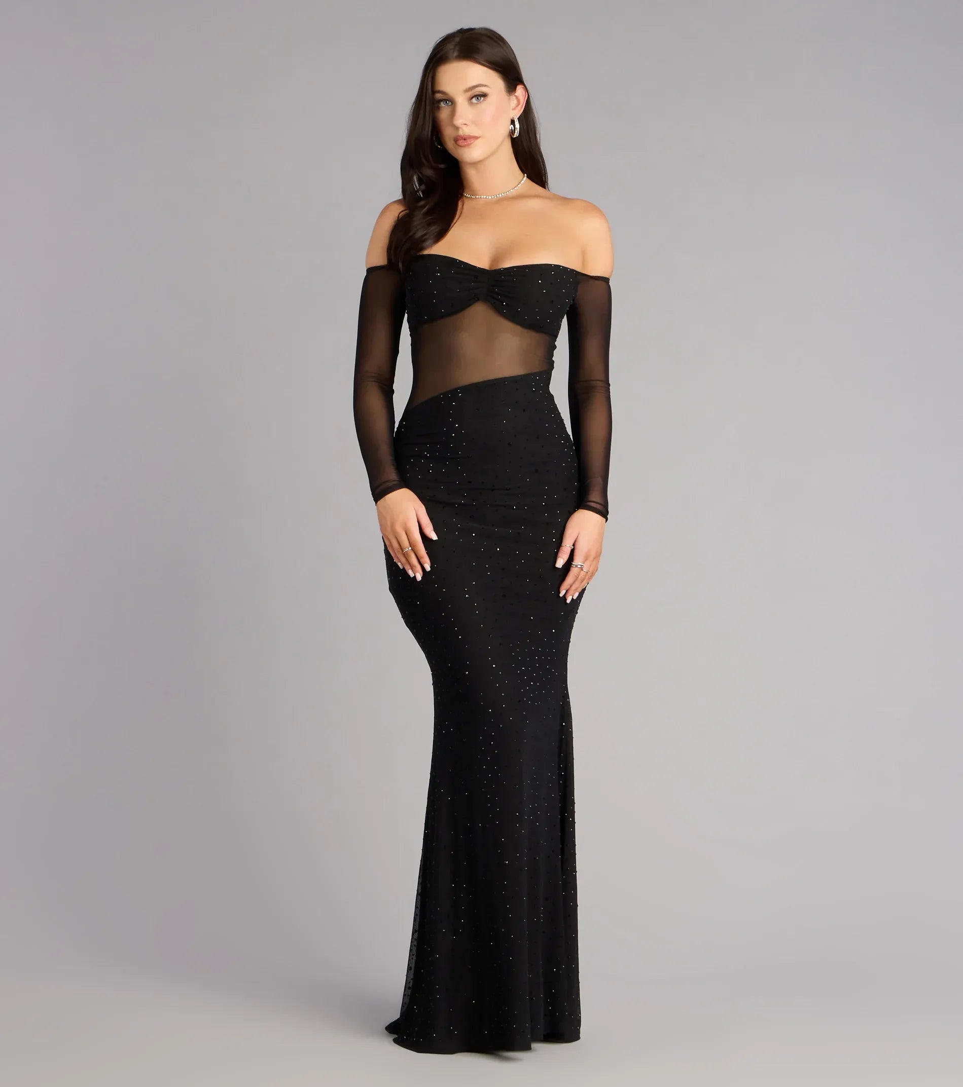Off-the-Shoulder Long Sleeve Sheer Mesh Rhinestone Mermaid Maxi Wedding Guest Dress
