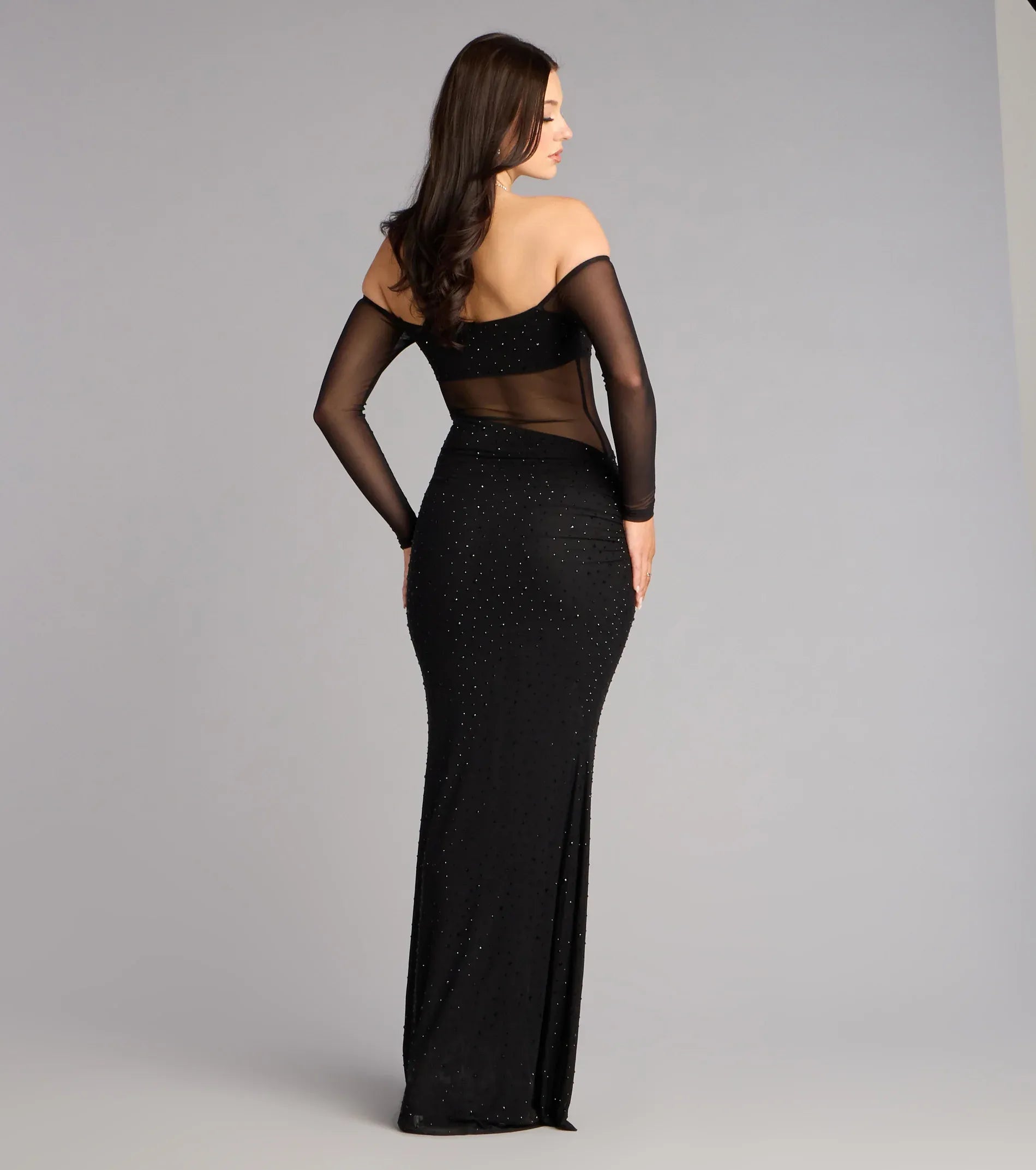 Off-the-Shoulder Long Sleeve Sheer Mesh Rhinestone Mermaid Maxi Wedding Guest Dress