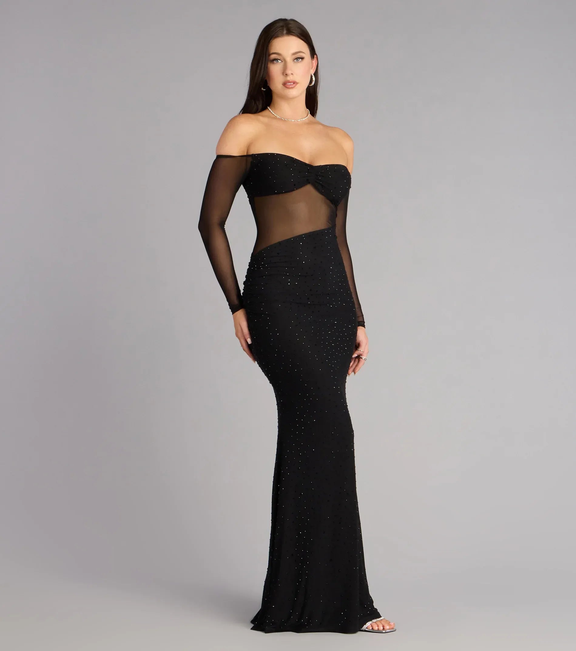 Off-the-Shoulder Long Sleeve Sheer Mesh Rhinestone Mermaid Maxi Wedding Guest Dress