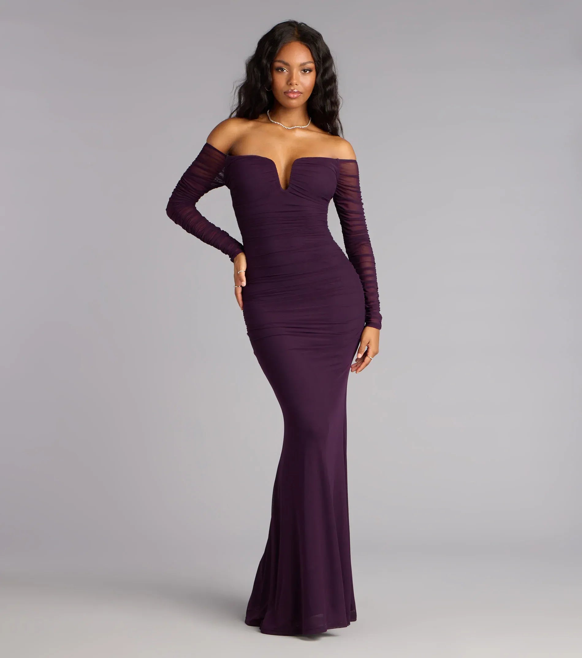 Off-the-Shoulder Mesh Long Sleeve Ruched Mermaid Maxi Wedding Guest Dress