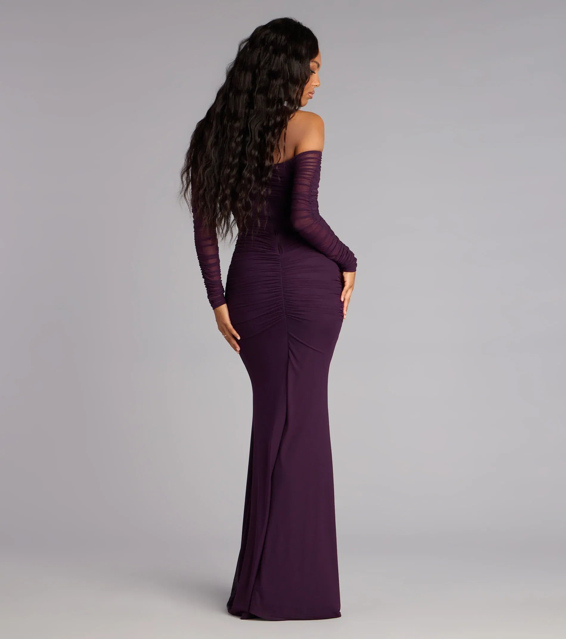 Off-the-Shoulder Mesh Long Sleeve Ruched Mermaid Maxi Wedding Guest Dress