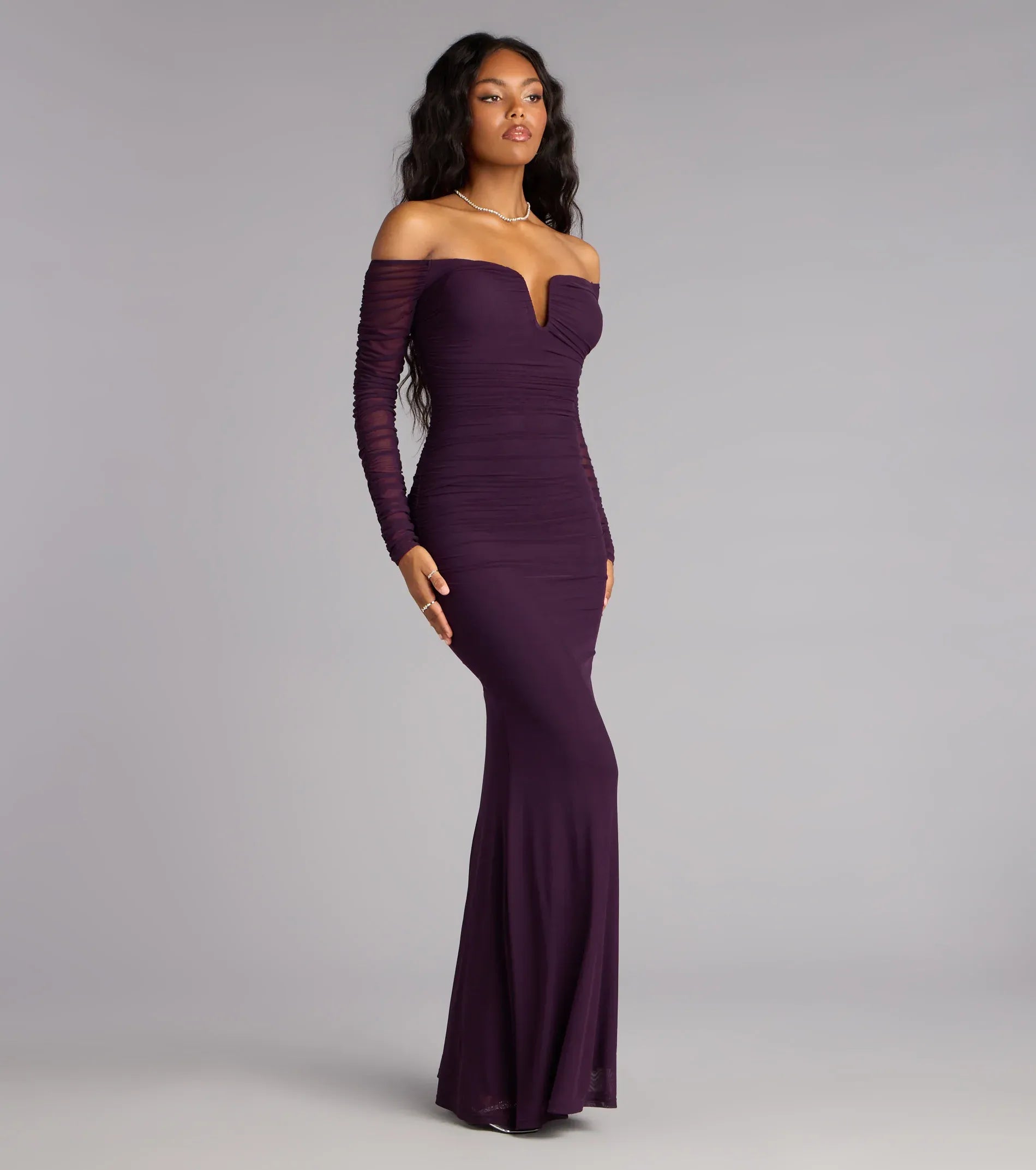 Off-the-Shoulder Mesh Long Sleeve Ruched Mermaid Maxi Wedding Guest Dress