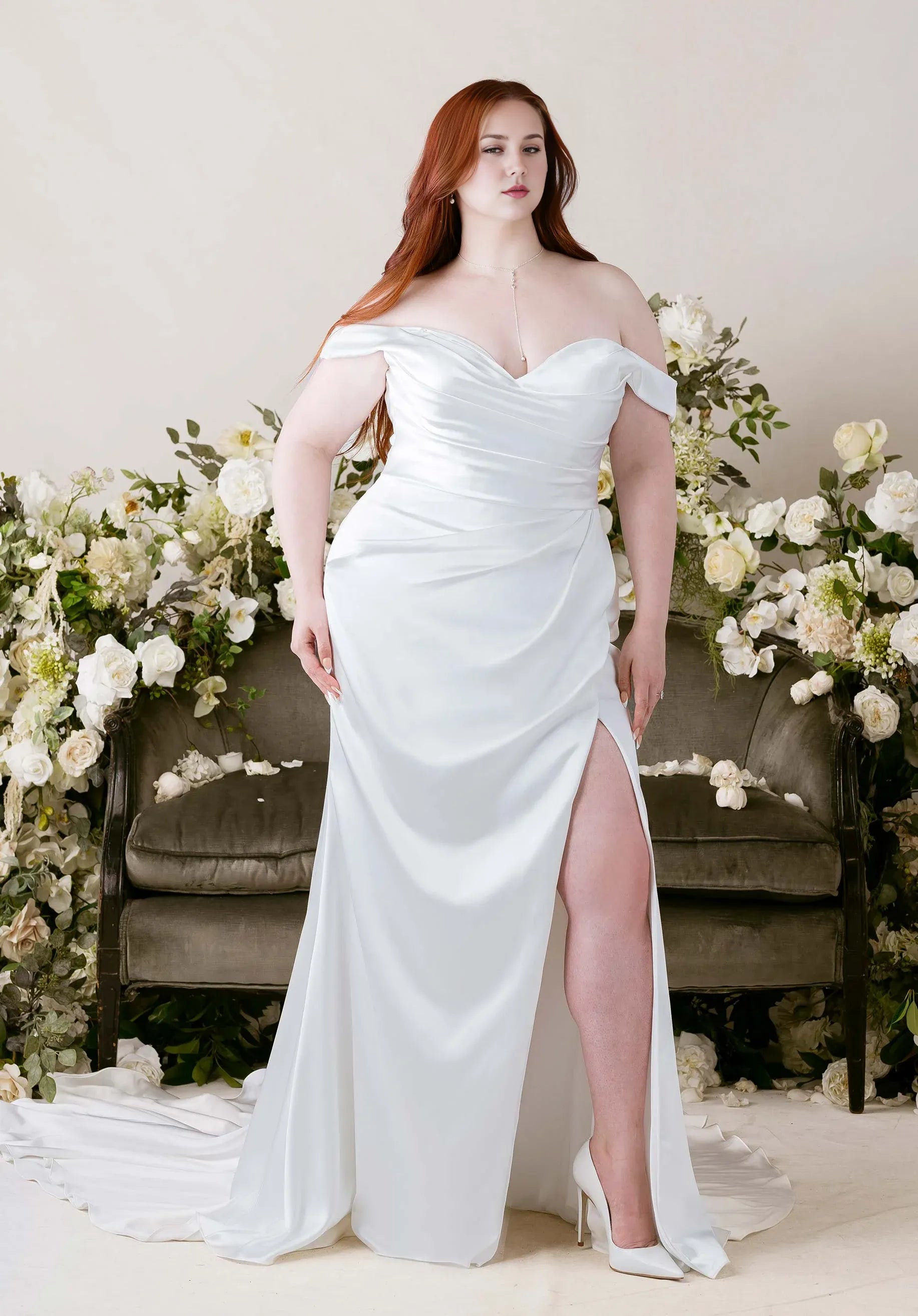 Off-the-Shoulder Satin Mermaid Wedding Dress with Slit and Button Back