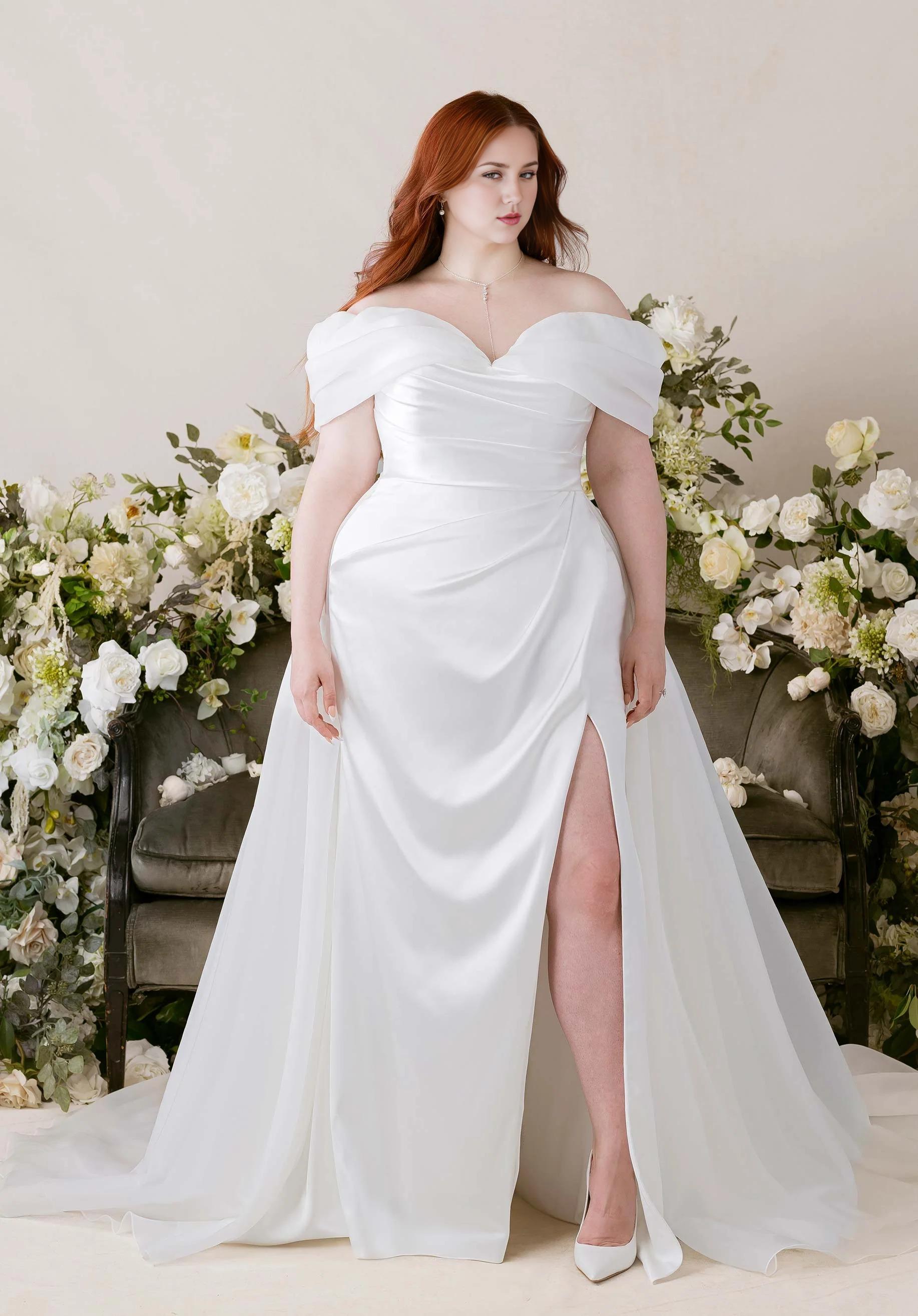 Off-the-Shoulder Satin Mermaid Wedding Dress with Slit and Button Back