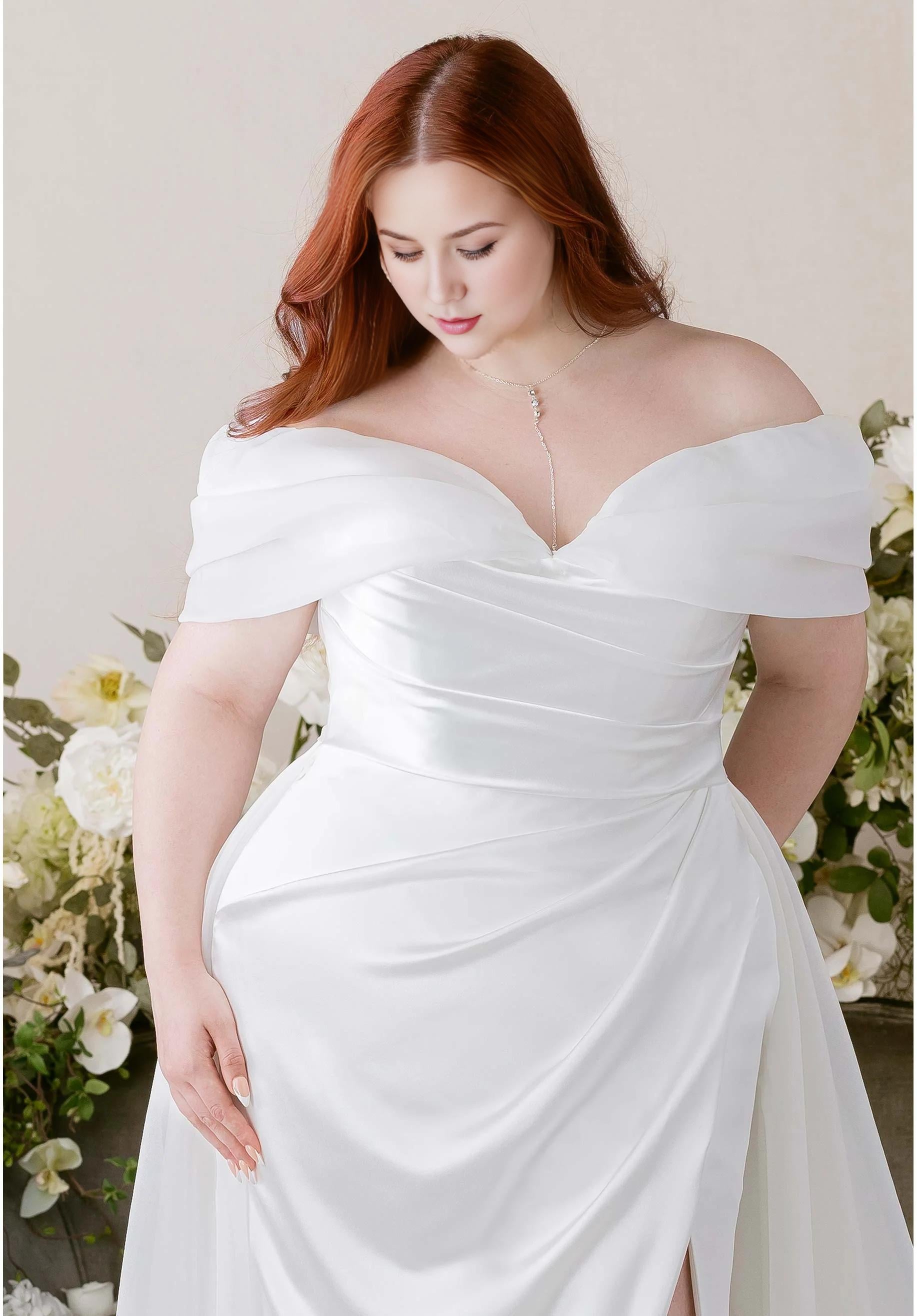 Off-the-Shoulder Satin Mermaid Wedding Dress with Slit and Button Back