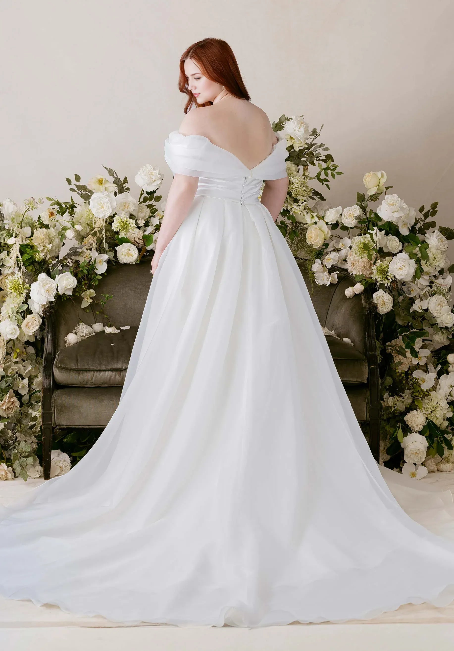 Off-the-Shoulder Satin Mermaid Wedding Dress with Slit and Button Back