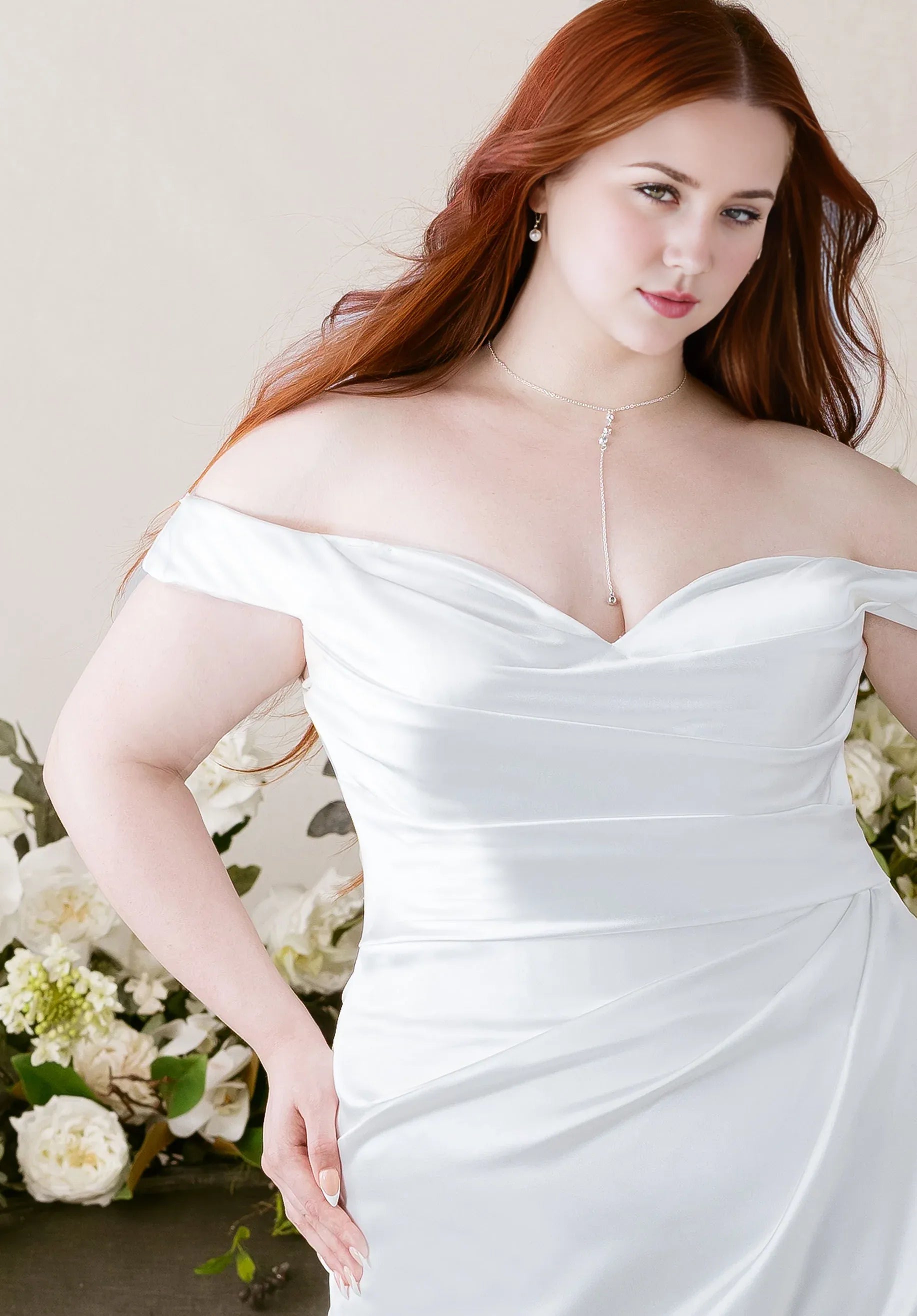 Off-the-Shoulder Satin Mermaid Wedding Dress with Slit and Button Back