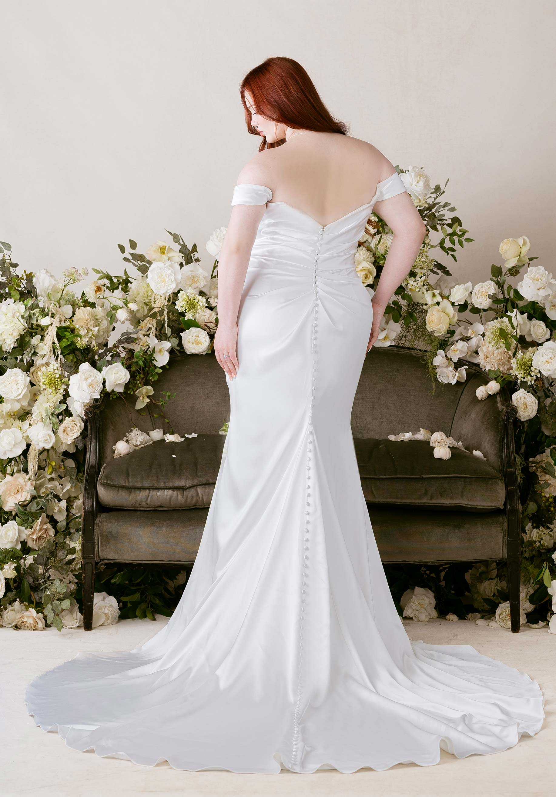 Off-the-Shoulder Satin Mermaid Wedding Dress with Slit and Button Back