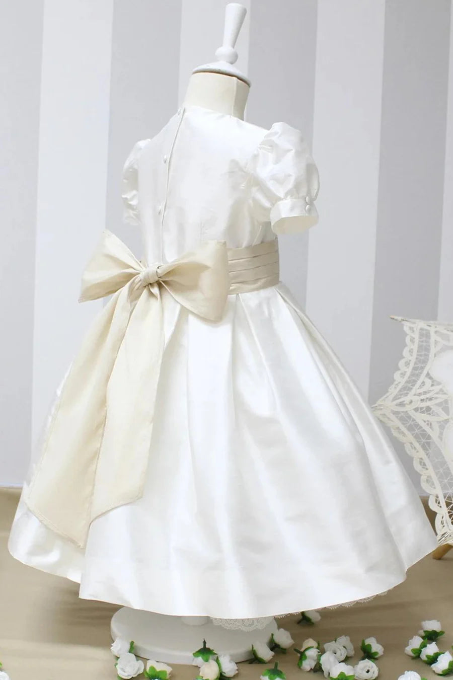 Off White Satin Puff Sleeve Banded Waist Bow Girl Party Dress