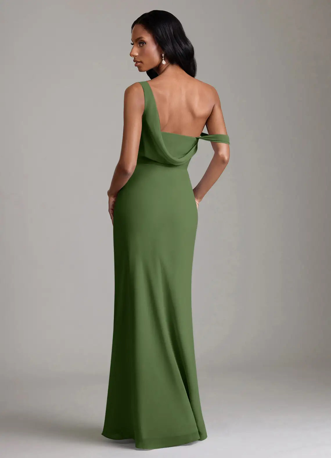 Olive Asymmetrical Off One Shoulder Draped Ruched High Slit Midi Chiffon Bridesmaid Dress