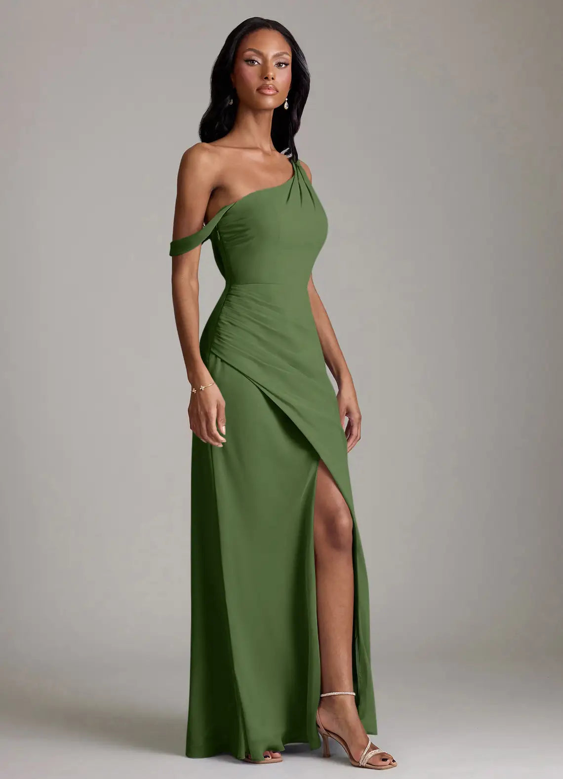 Olive Asymmetrical Off One Shoulder Draped Ruched High Slit Midi Chiffon Bridesmaid Dress