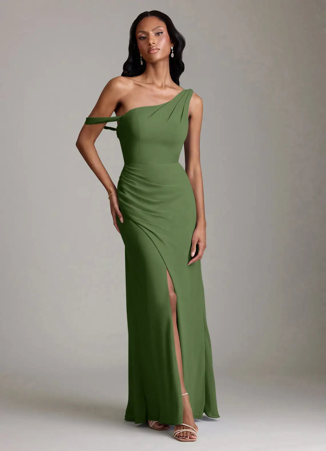 Olive Asymmetrical Off One Shoulder Draped Ruched High Slit Midi Chiffon Bridesmaid Dress