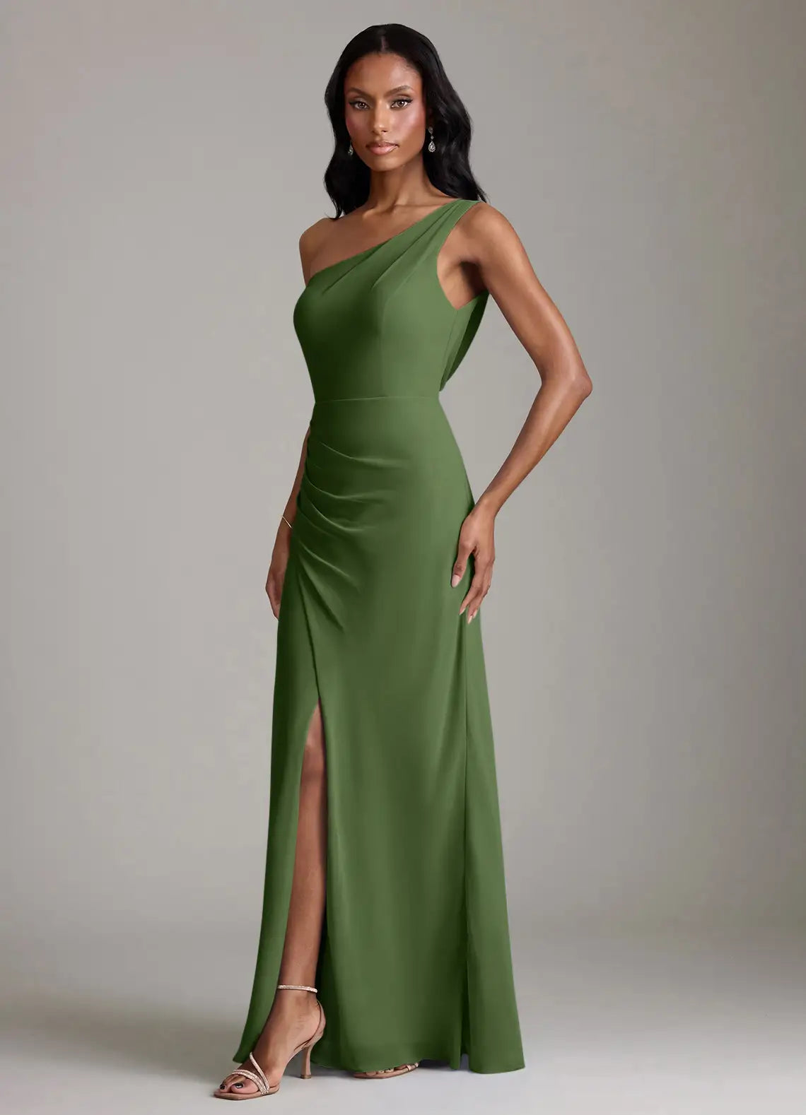 Olive Asymmetrical Off One Shoulder Draped Ruched High Slit Midi Chiffon Bridesmaid Dress
