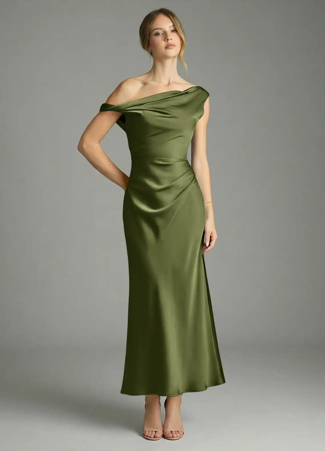 Olive Asymmetrical Off Shoulder Draped Ruched Midi Satin Bridesmaid Dress