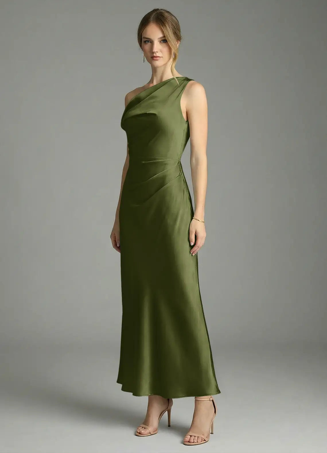 Olive Asymmetrical Off Shoulder Draped Ruched Midi Satin Bridesmaid Dress