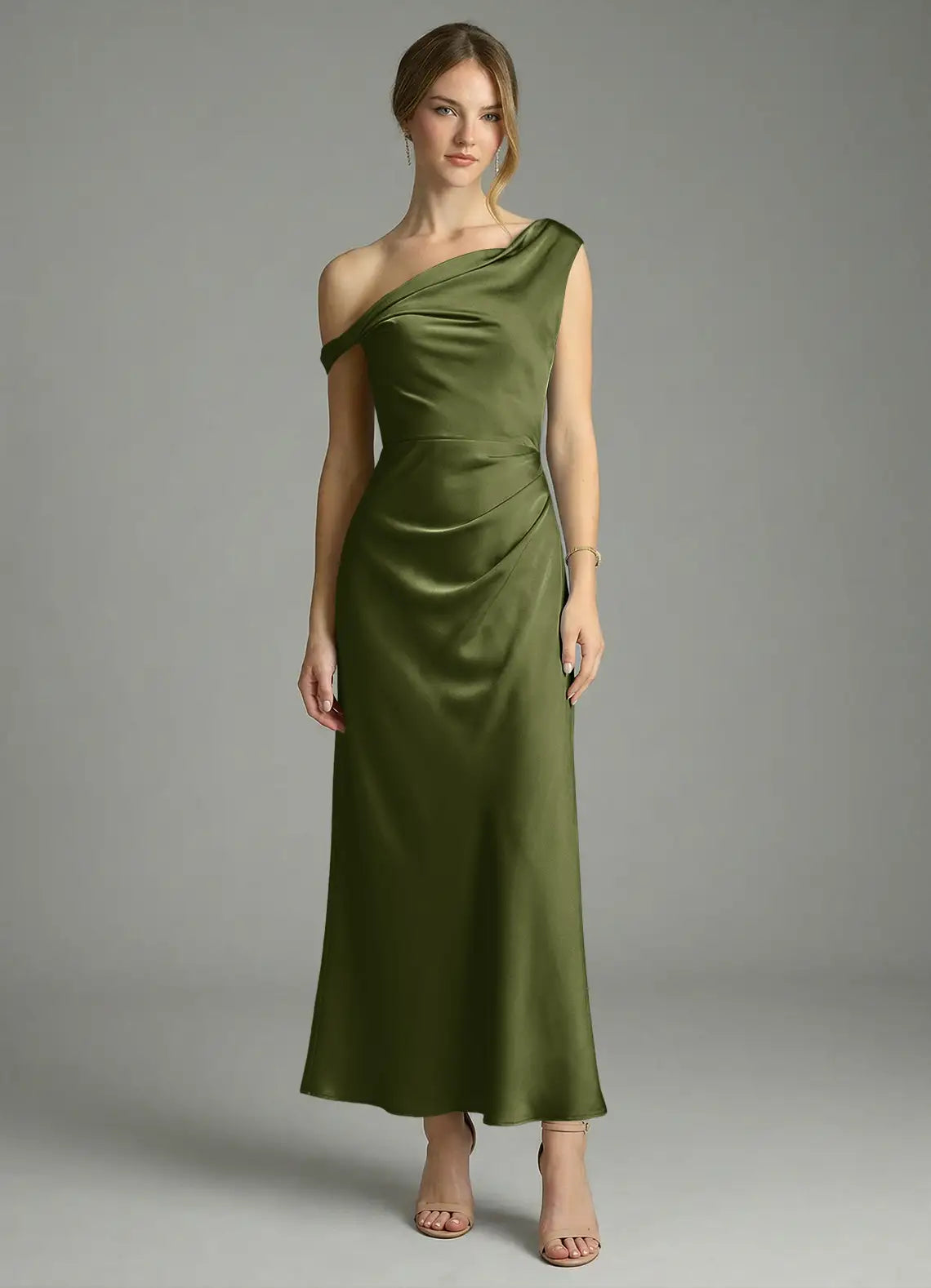 Olive Asymmetrical Off Shoulder Draped Ruched Midi Satin Bridesmaid Dress