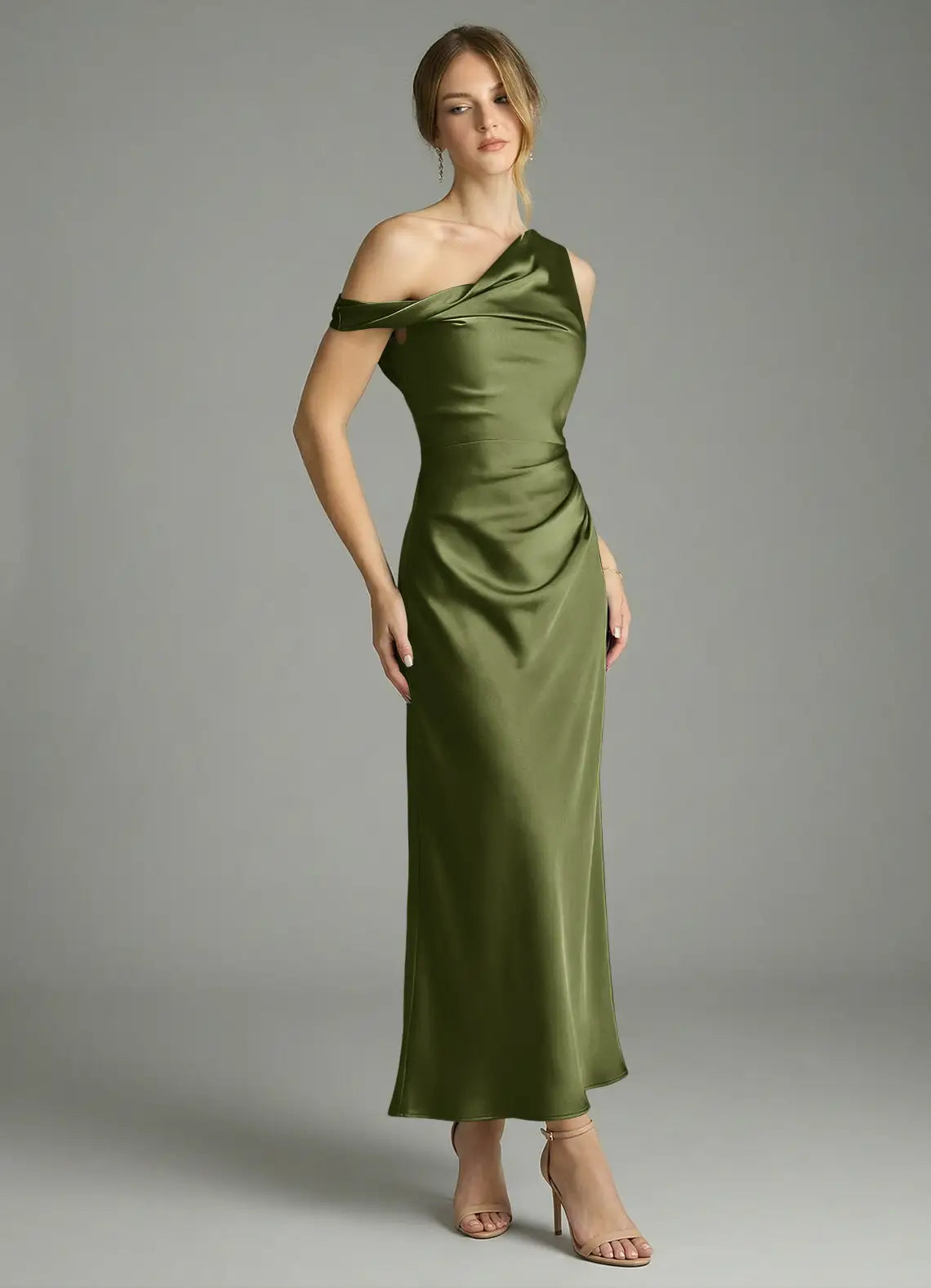Olive Asymmetrical Off Shoulder Draped Ruched Midi Satin Bridesmaid Dress