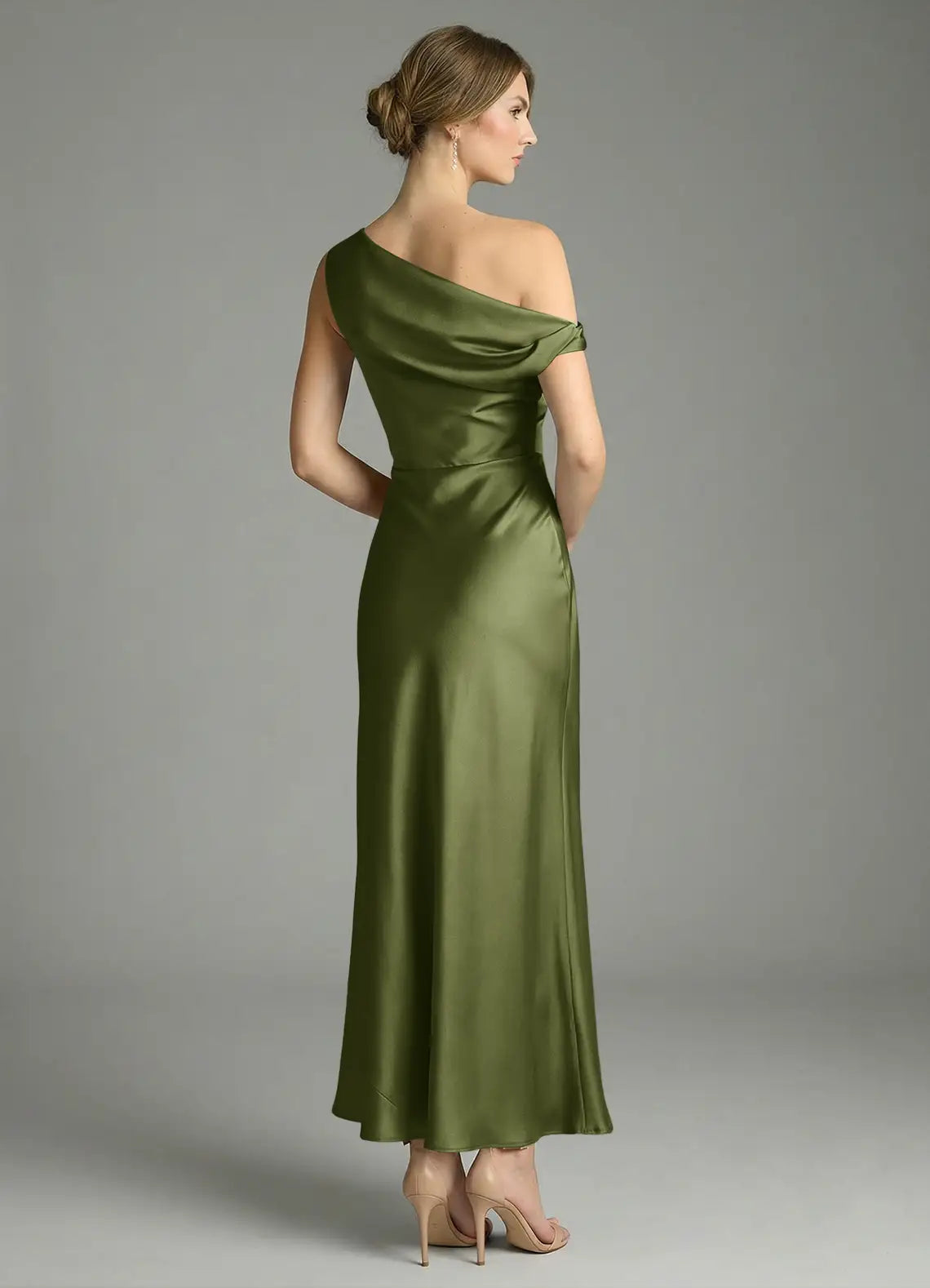 Olive Asymmetrical Off Shoulder Draped Ruched Midi Satin Bridesmaid Dress