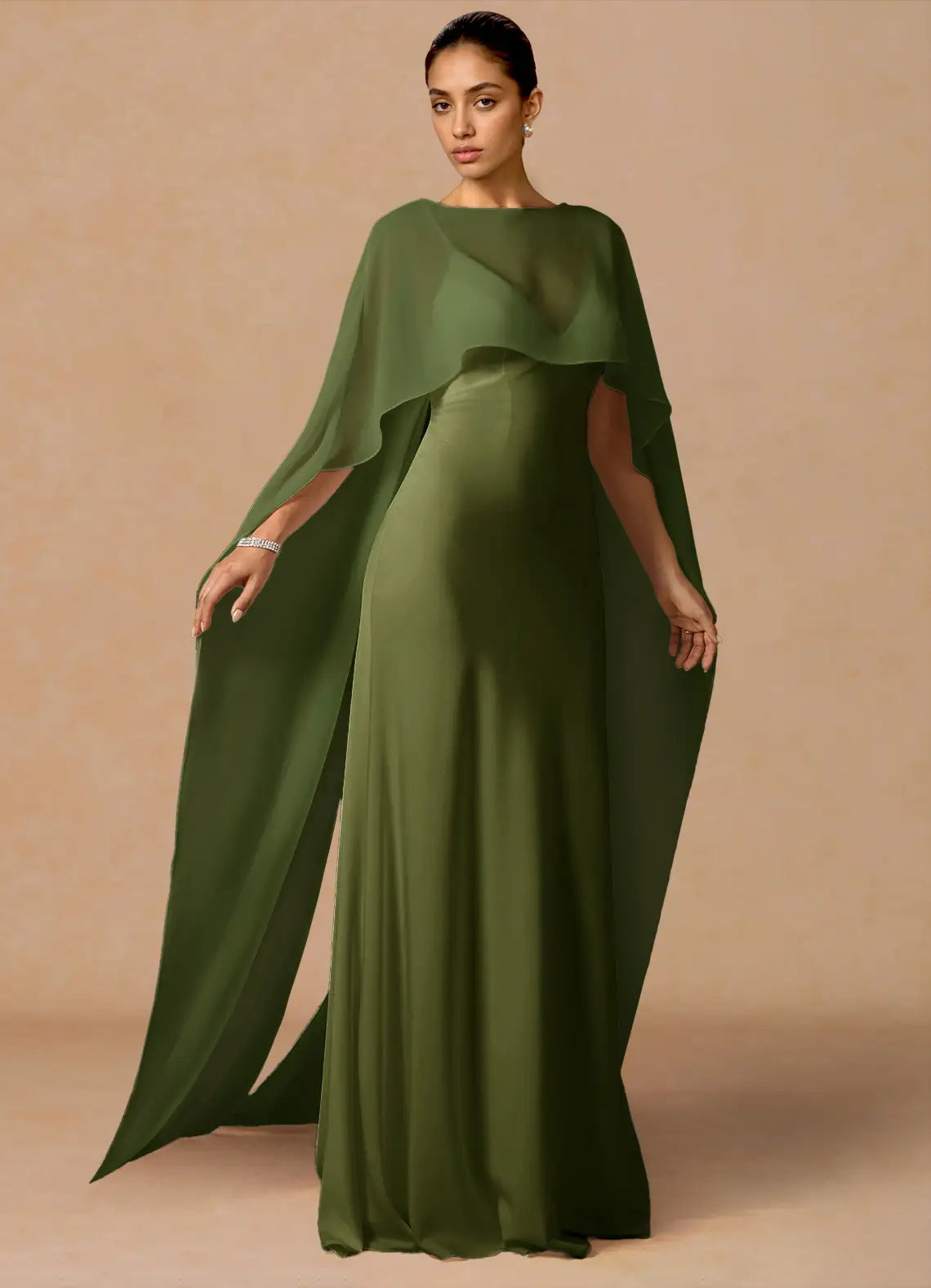 Olive Floor-Length Boat Neck Cape Chiffon Satin Mermaid Wedding Guest Dress
