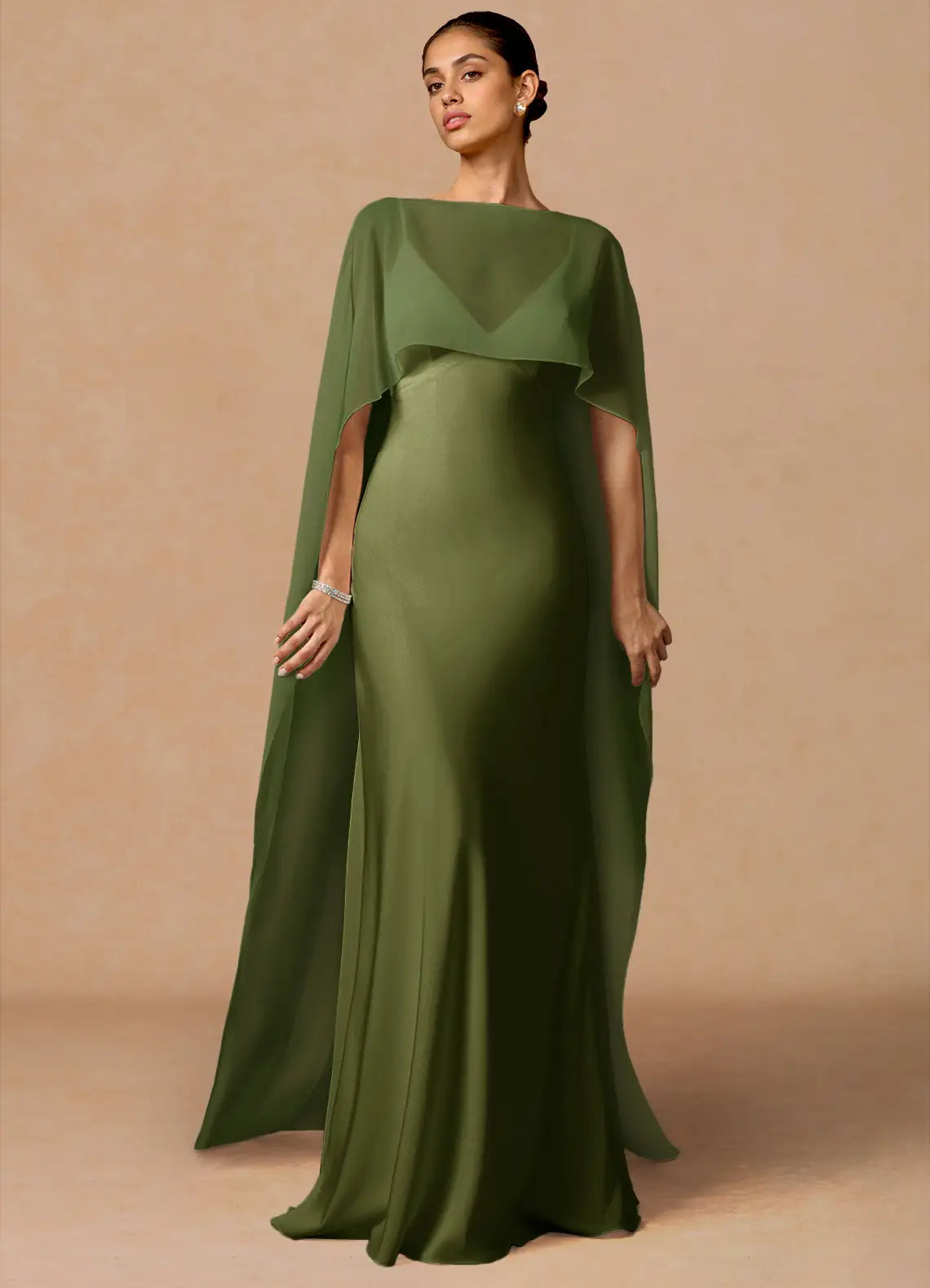 Olive Floor-Length Boat Neck Cape Chiffon Satin Mermaid Wedding Guest Dress