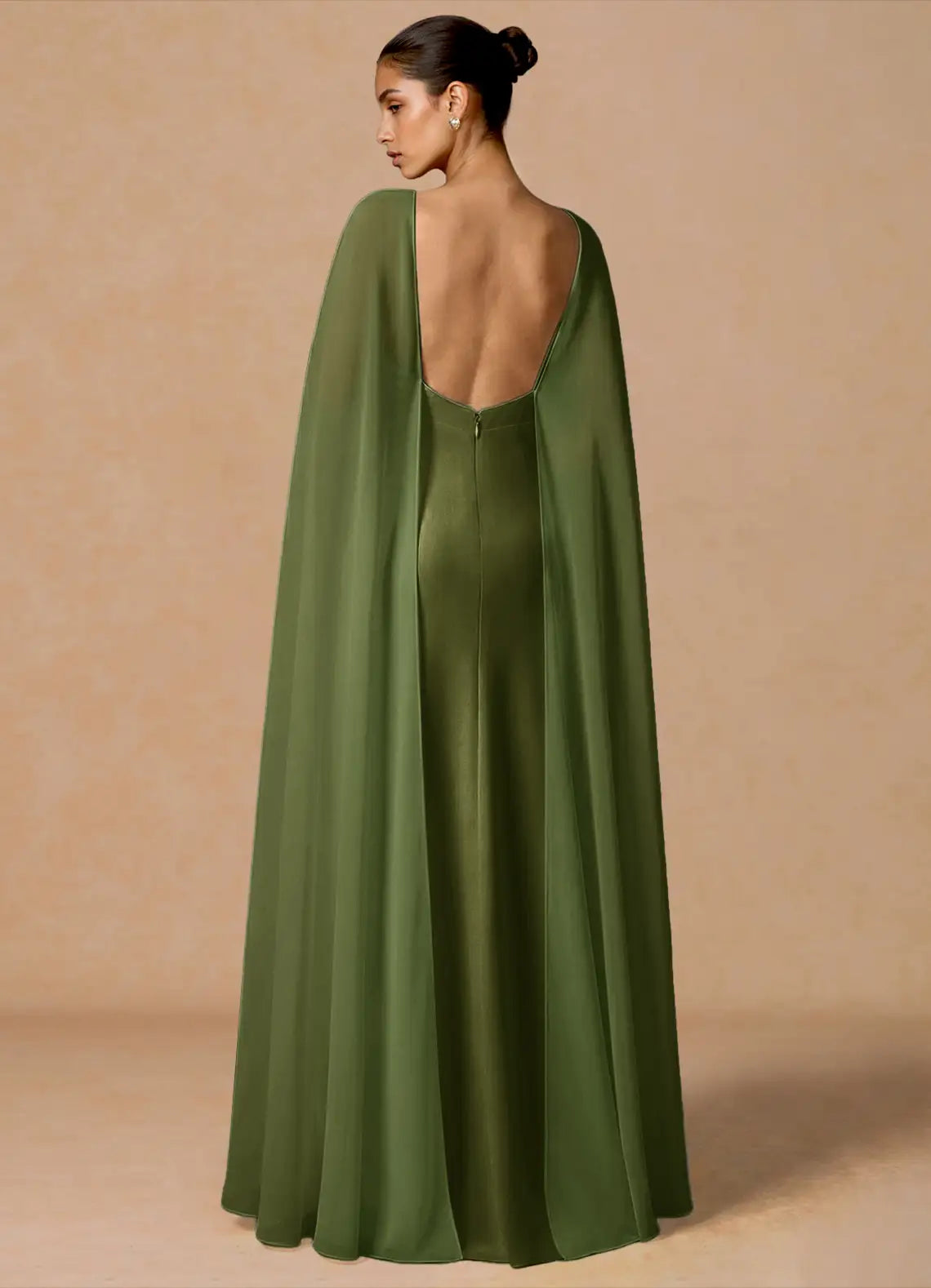 Olive Floor-Length Boat Neck Cape Chiffon Satin Mermaid Wedding Guest Dress