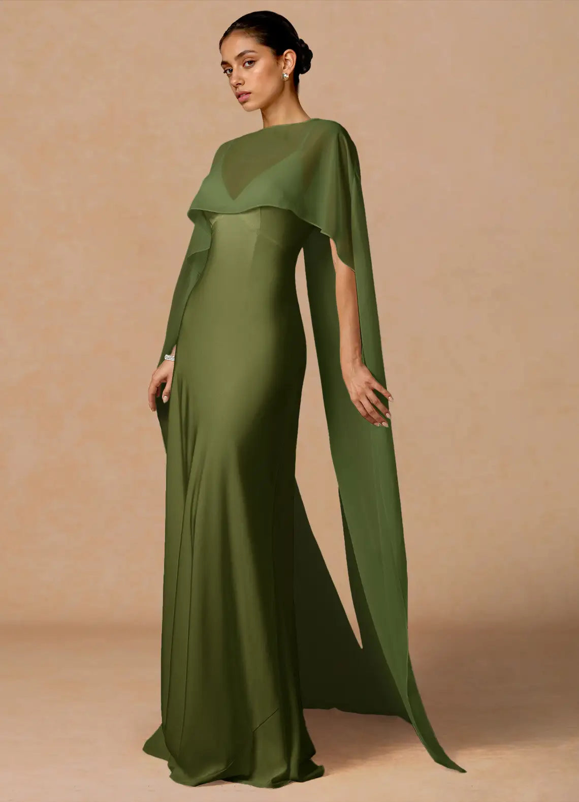 Olive Floor-Length Boat Neck Cape Chiffon Satin Mermaid Wedding Guest Dress