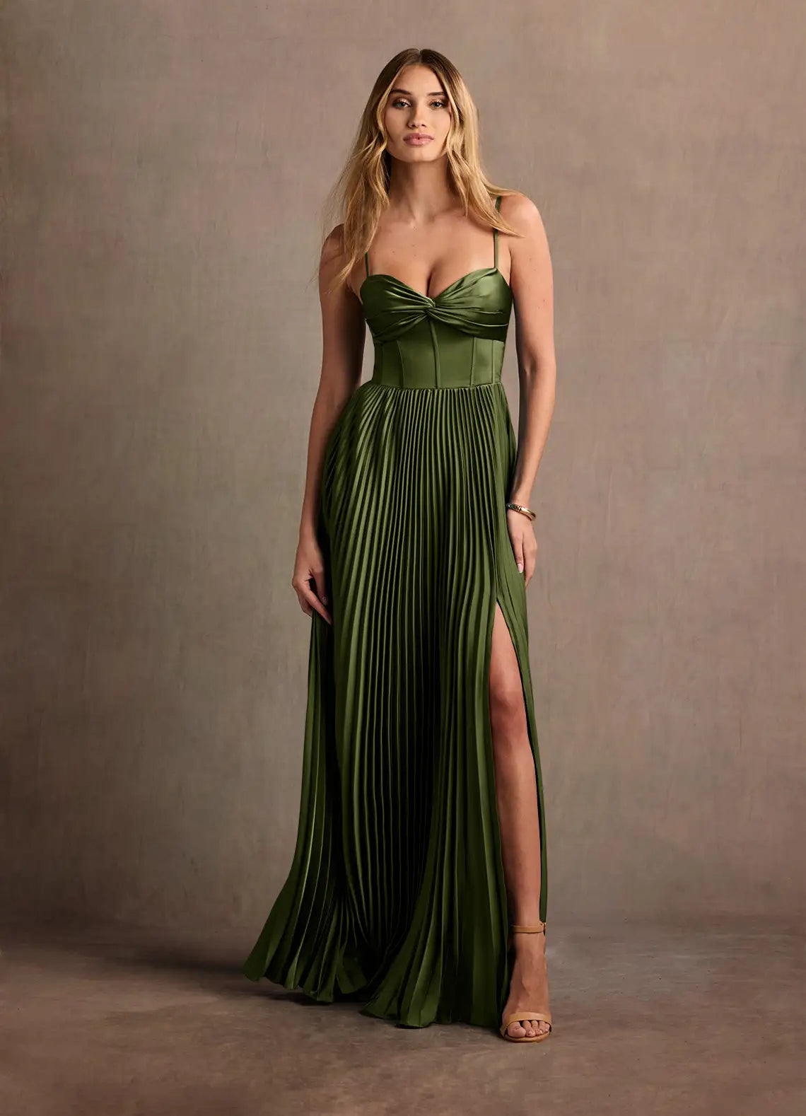 Olive Floor-Length Twist Bust Spaghetti-Strap Corset Pleated High-Slit Bridesmaid Dress
