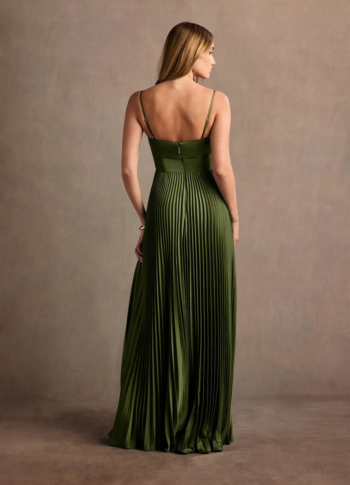 Olive Floor-Length Twist Bust Spaghetti-Strap Corset Pleated High-Slit Bridesmaid Dress
