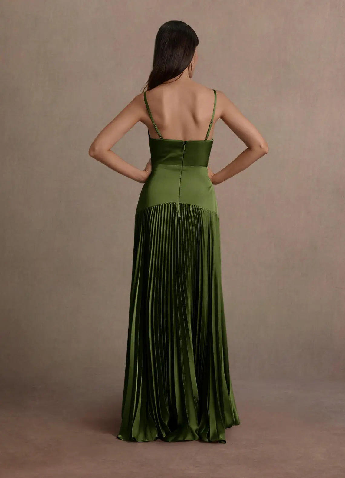 Olive Floor-Length V-Neck Spaghetti-Strap Satin Pleated Wedding Guest Dress