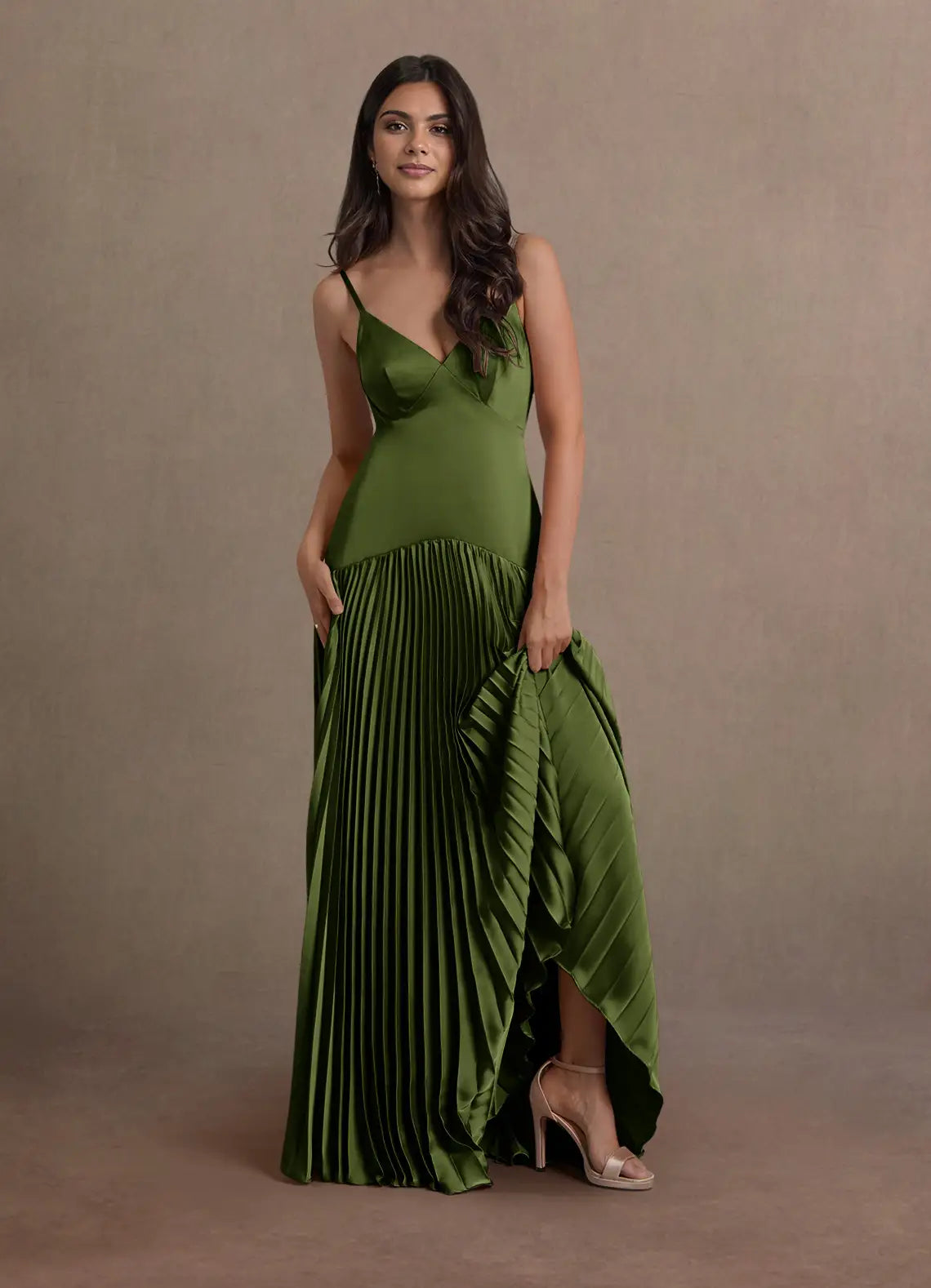 Olive Floor-Length V-Neck Spaghetti-Strap Satin Pleated Wedding Guest Dress