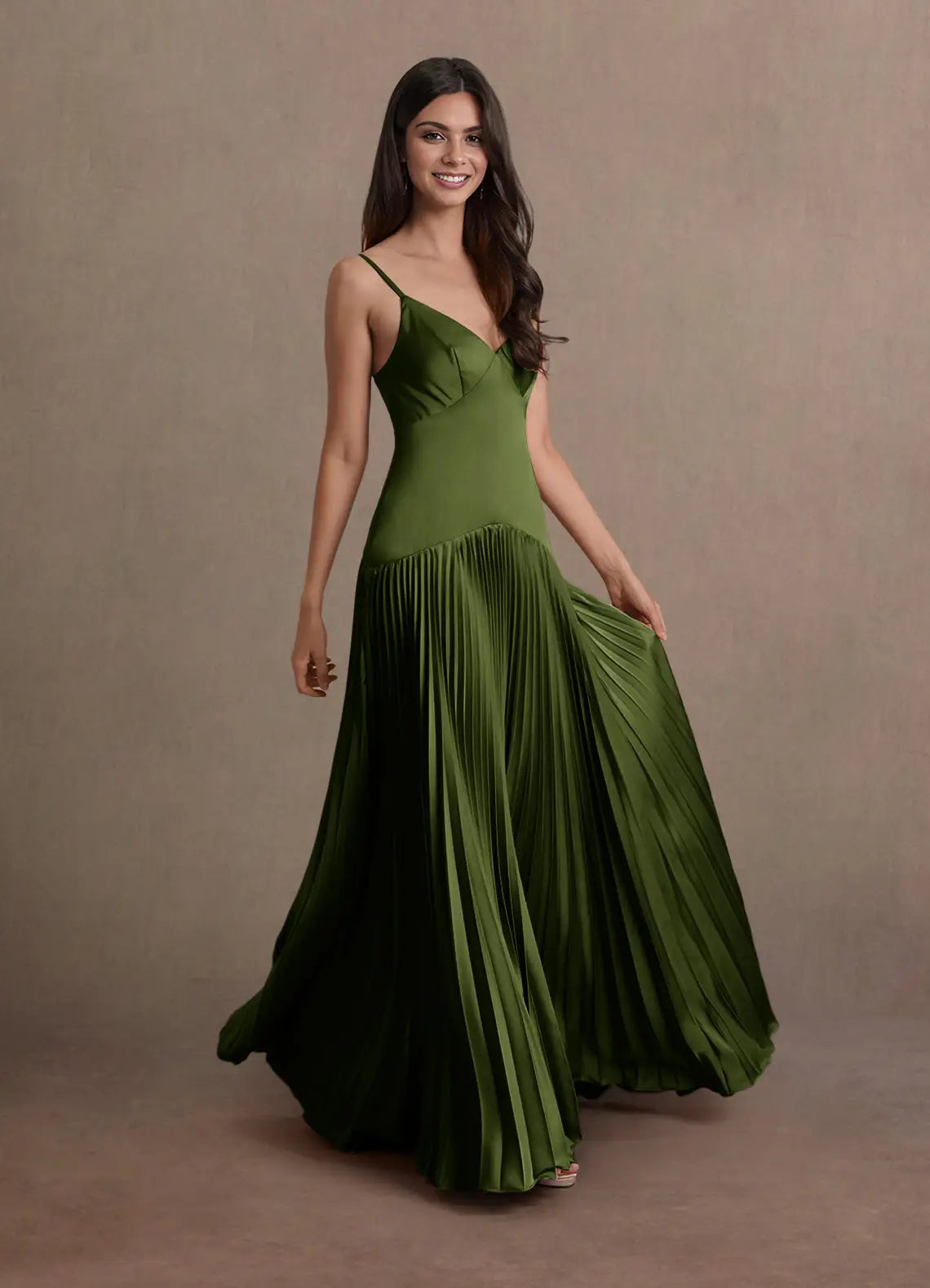 Olive Floor-Length V-Neck Spaghetti-Strap Satin Pleated Wedding Guest Dress