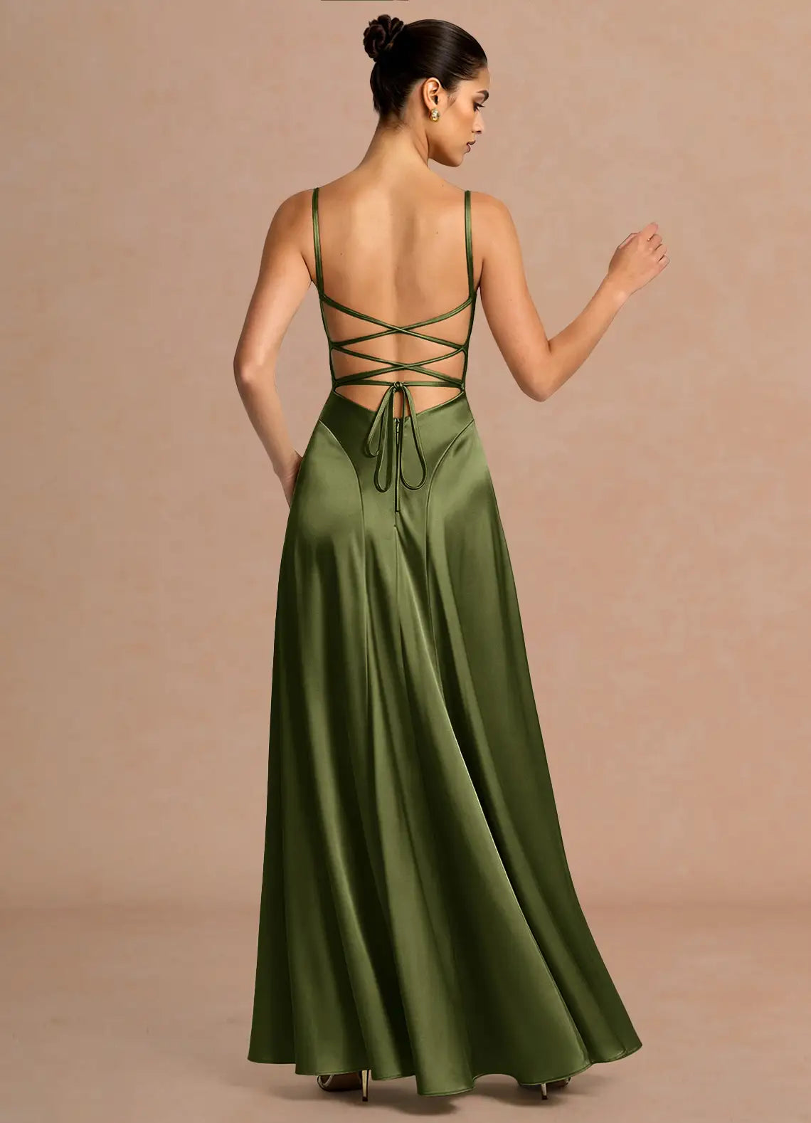 Olive Green Cowl Spaghetti Strap Criss Cross Lace-Up Back Satin A-Line Maxi Bridesmaid Dress