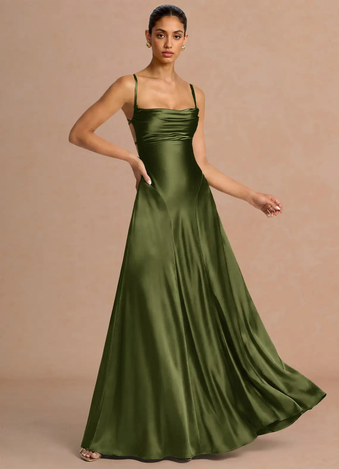 Olive Green Cowl Spaghetti Strap Criss Cross Lace-Up Back Satin A-Line Maxi Bridesmaid Dress
