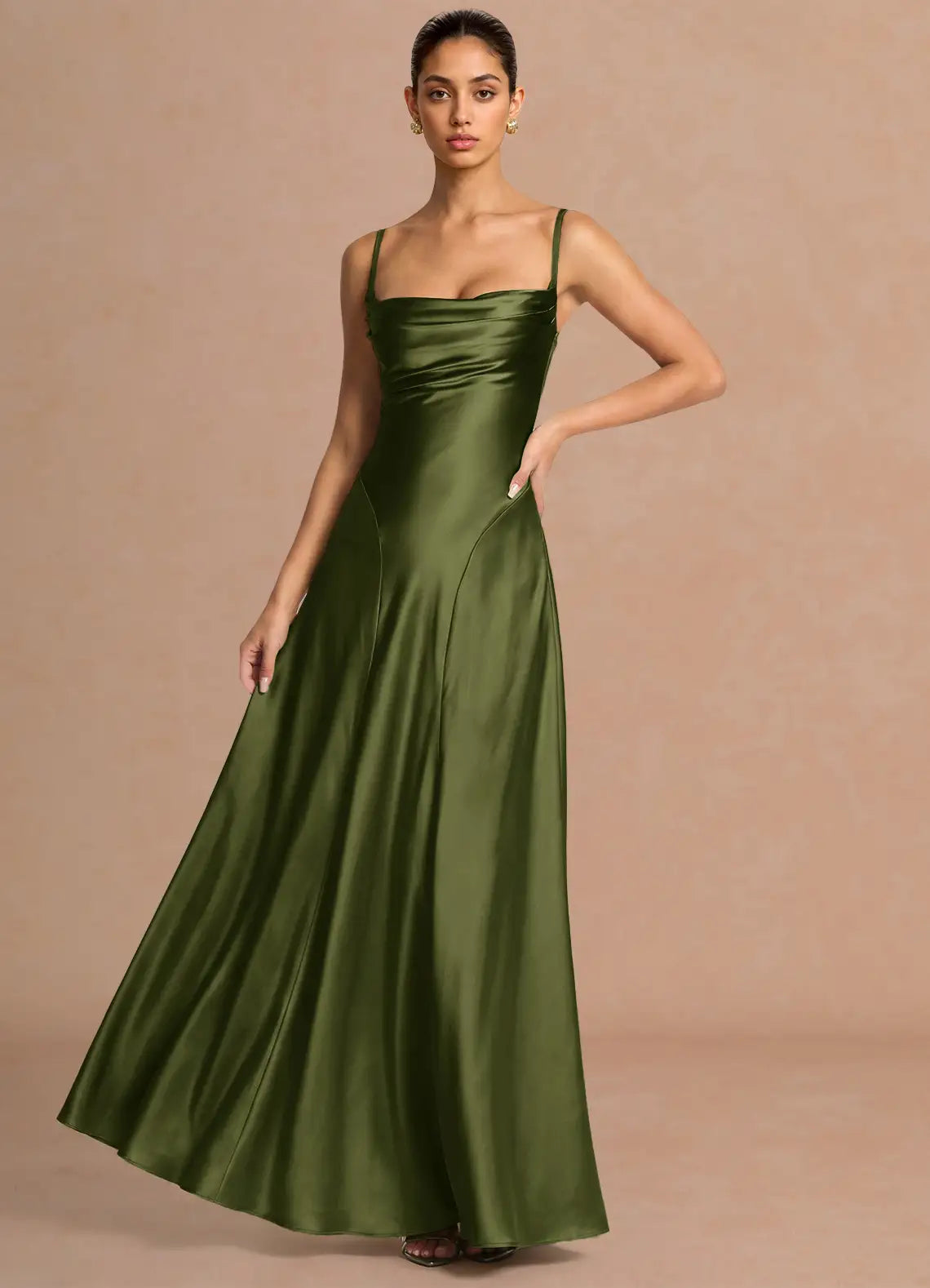 Olive Green Cowl Spaghetti Strap Criss Cross Lace-Up Back Satin A-Line Maxi Bridesmaid Dress
