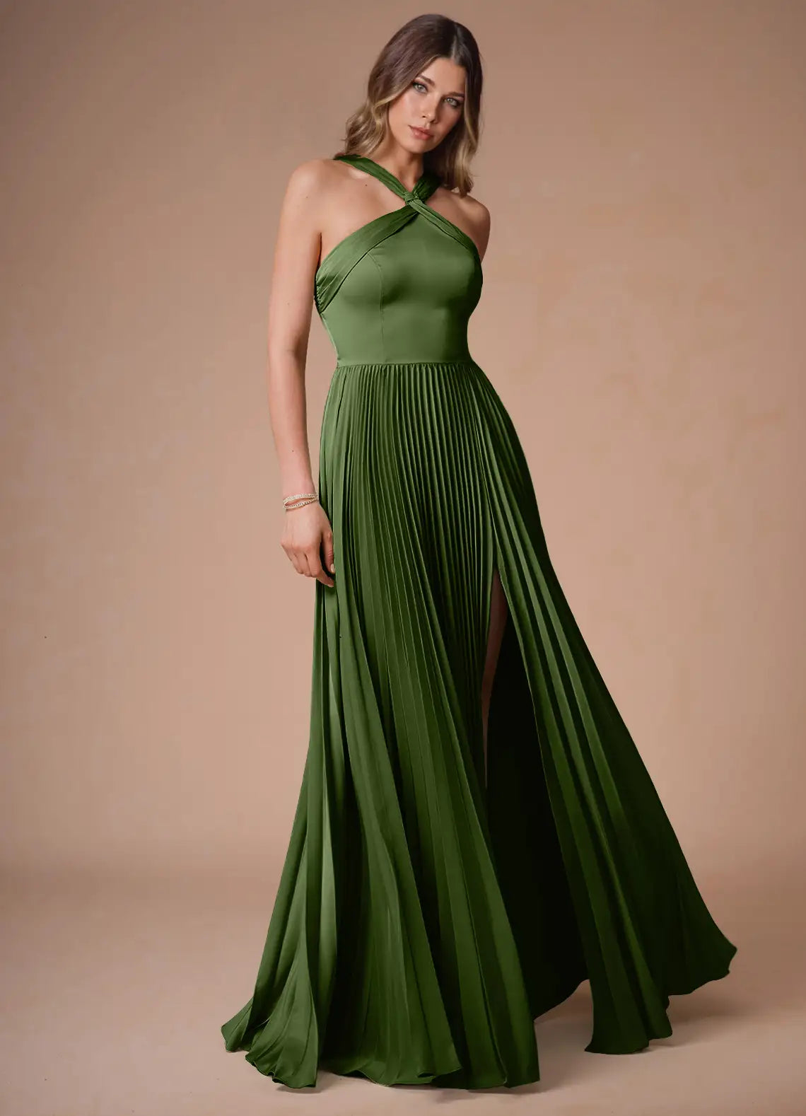 Olive Green Halter Twist Cutout Back Pleated Satin High Slit Maxi Bridesmaid Dress