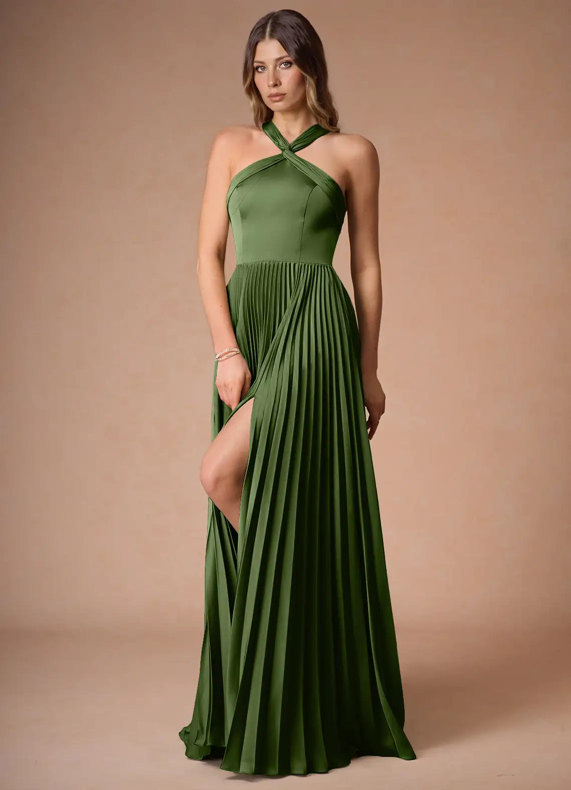 Olive Green Halter Twist Cutout Back Pleated Satin High Slit Maxi Bridesmaid Dress