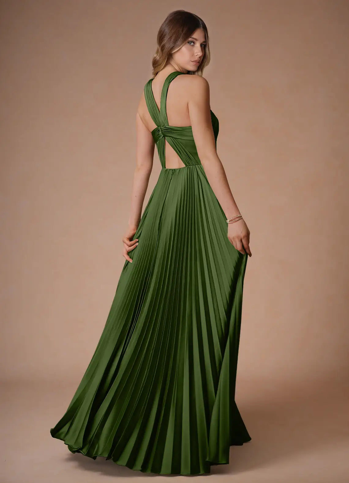 Olive Green Halter Twist Cutout Back Pleated Satin High Slit Maxi Bridesmaid Dress