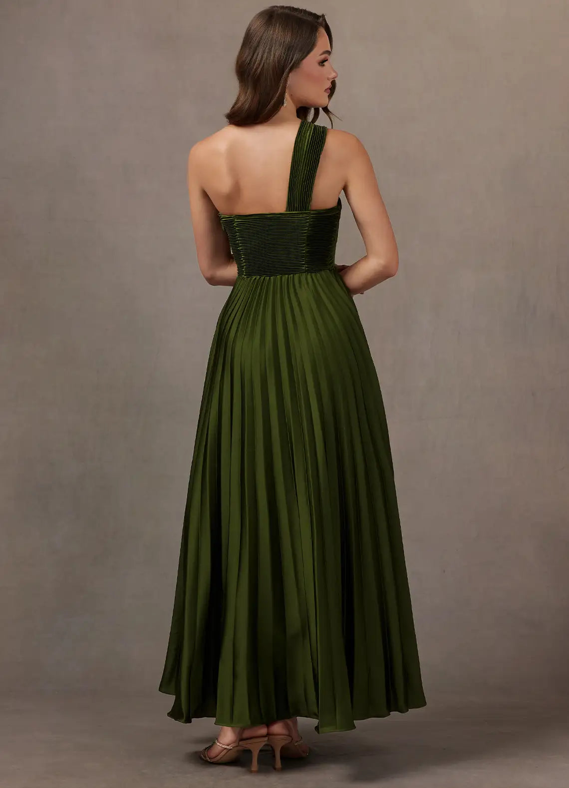 Olive Green One Shoulder Twist Pleated Midi Wedding Guest Dress