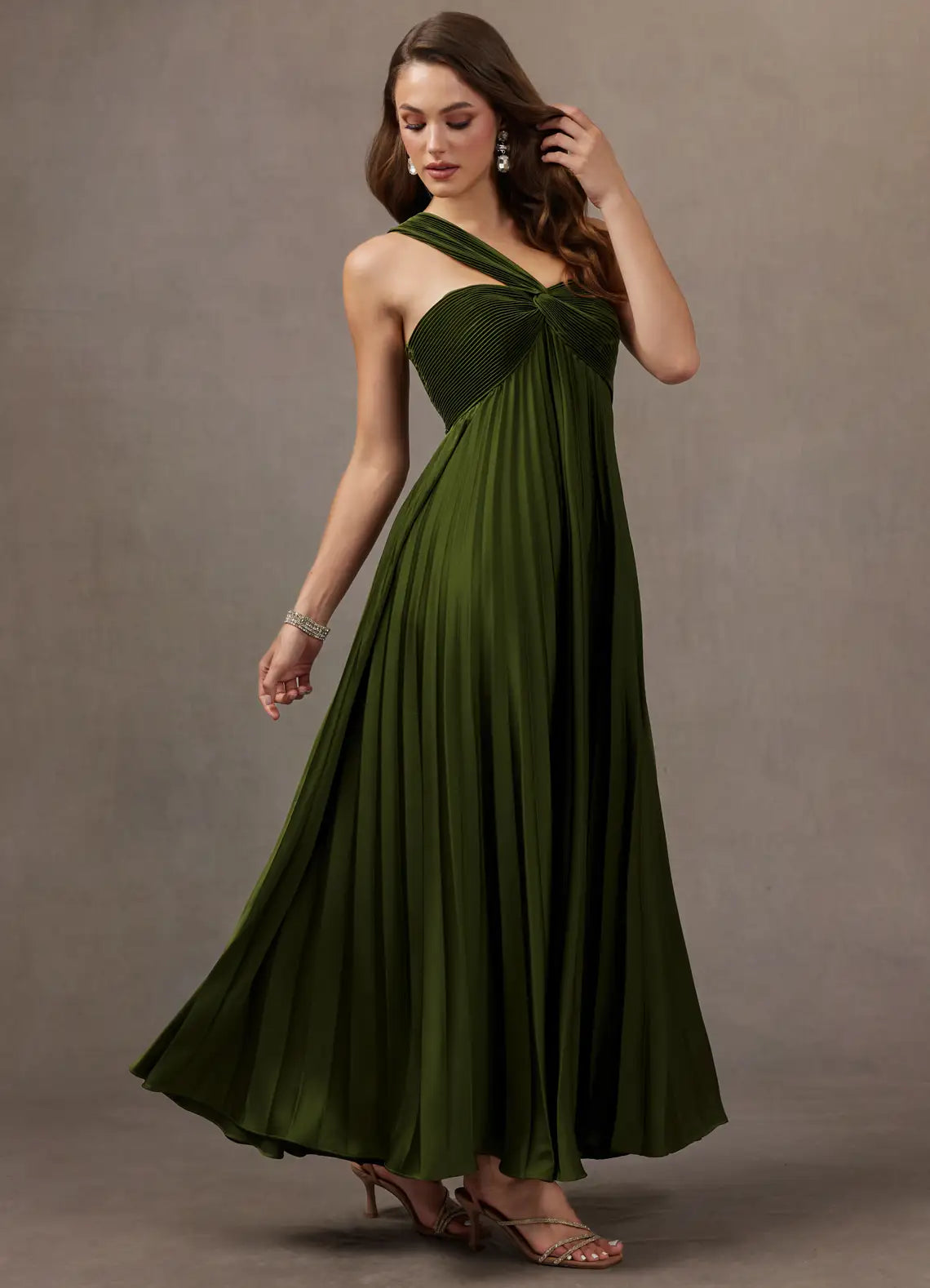 Olive Green One Shoulder Twist Pleated Midi Wedding Guest Dress
