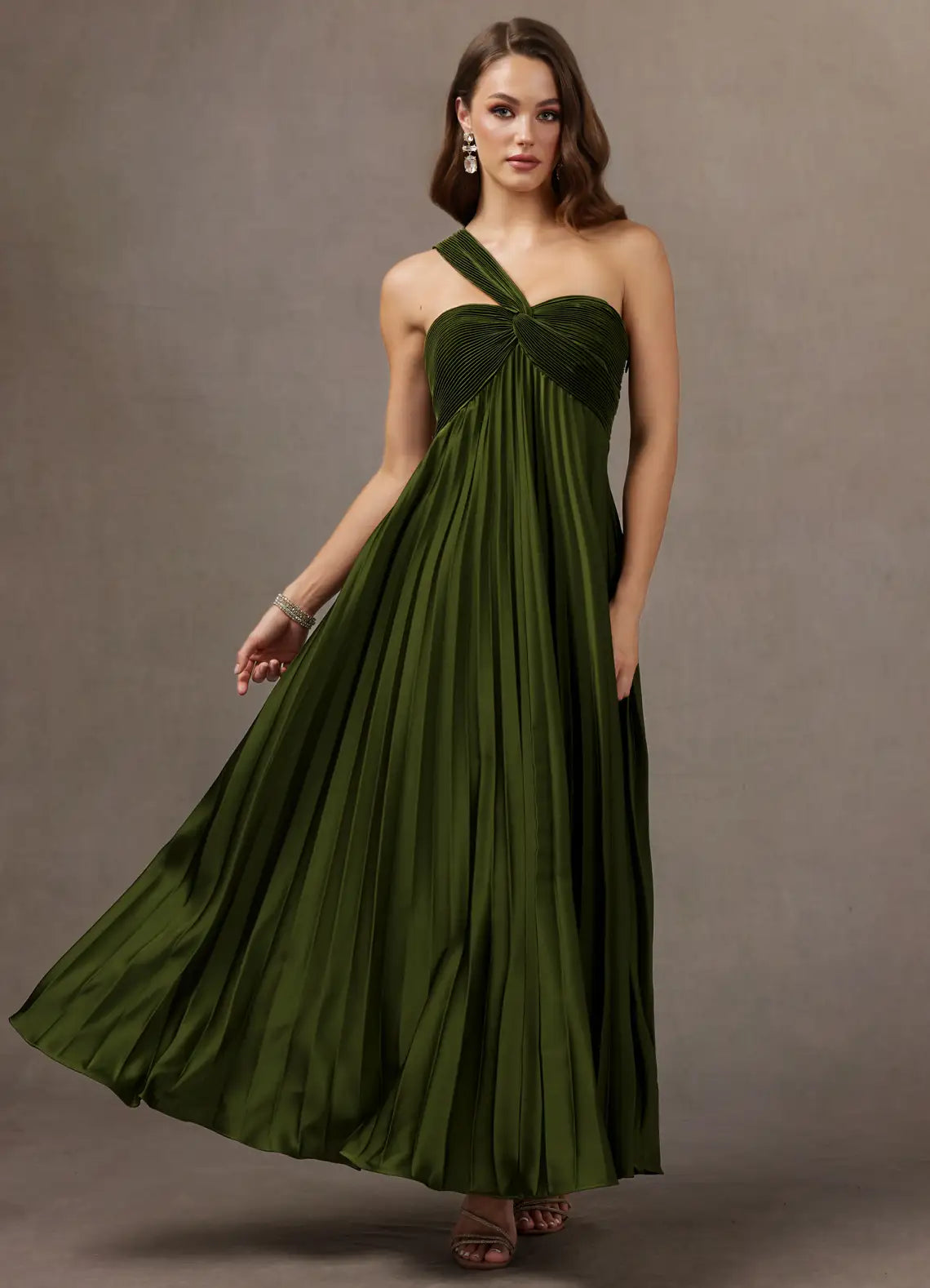 Olive Green One Shoulder Twist Pleated Midi Wedding Guest Dress