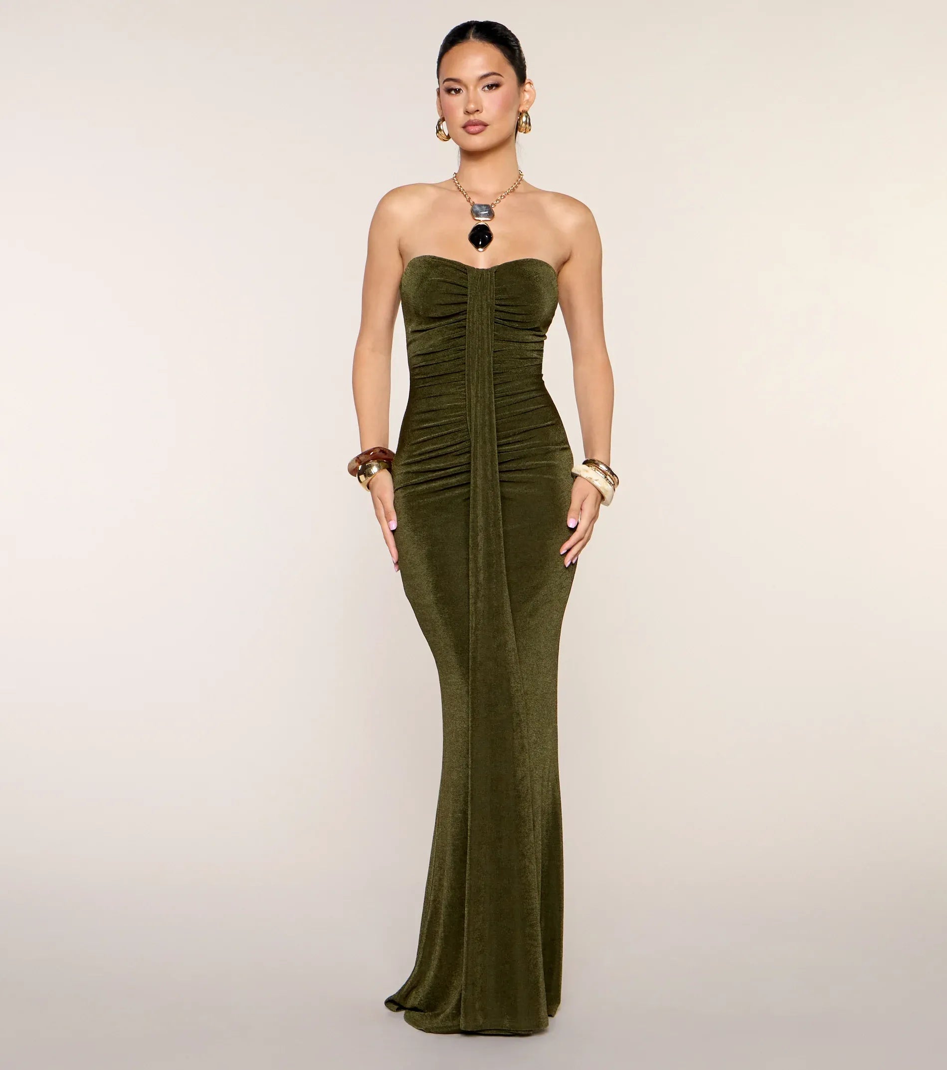 Olive Green Shimmer Strapless Front Draped Ruched Mermaid Floor Length Wedding Guest Dresses