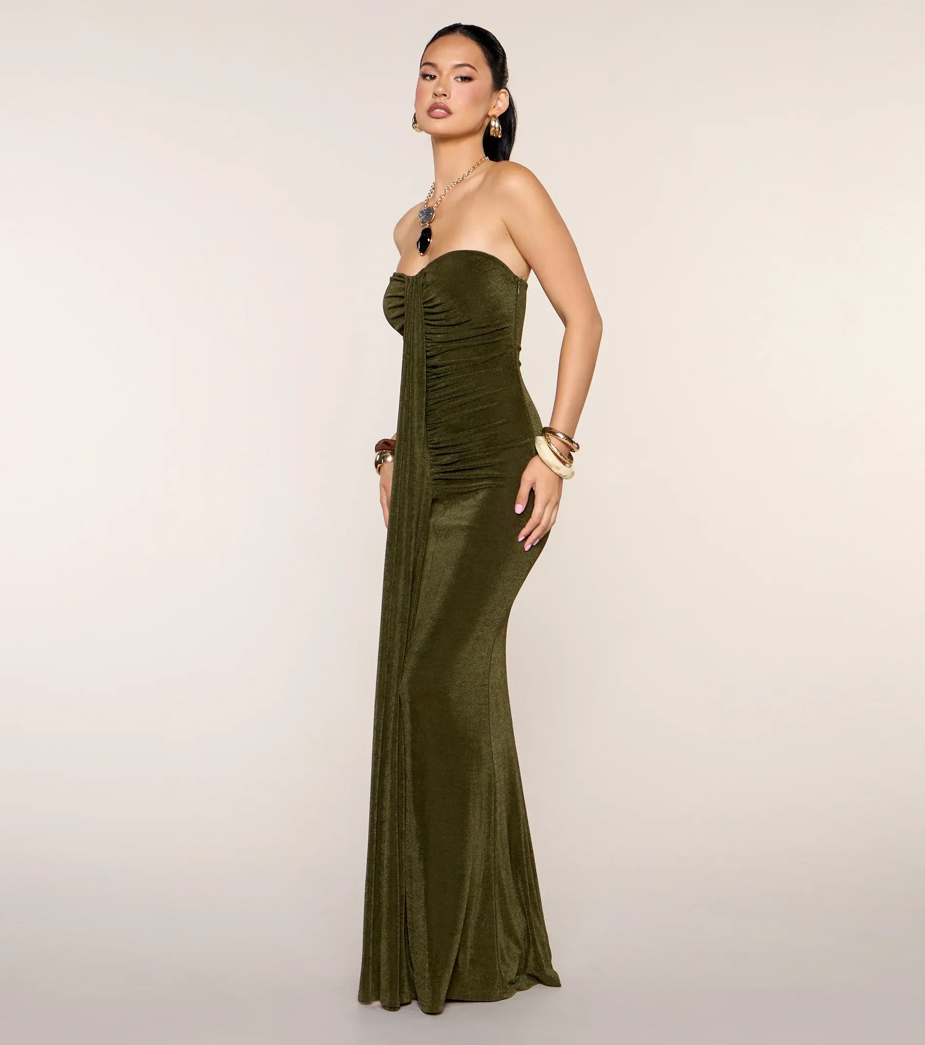 Olive Green Shimmer Strapless Front Draped Ruched Mermaid Floor Length Wedding Guest Dresses