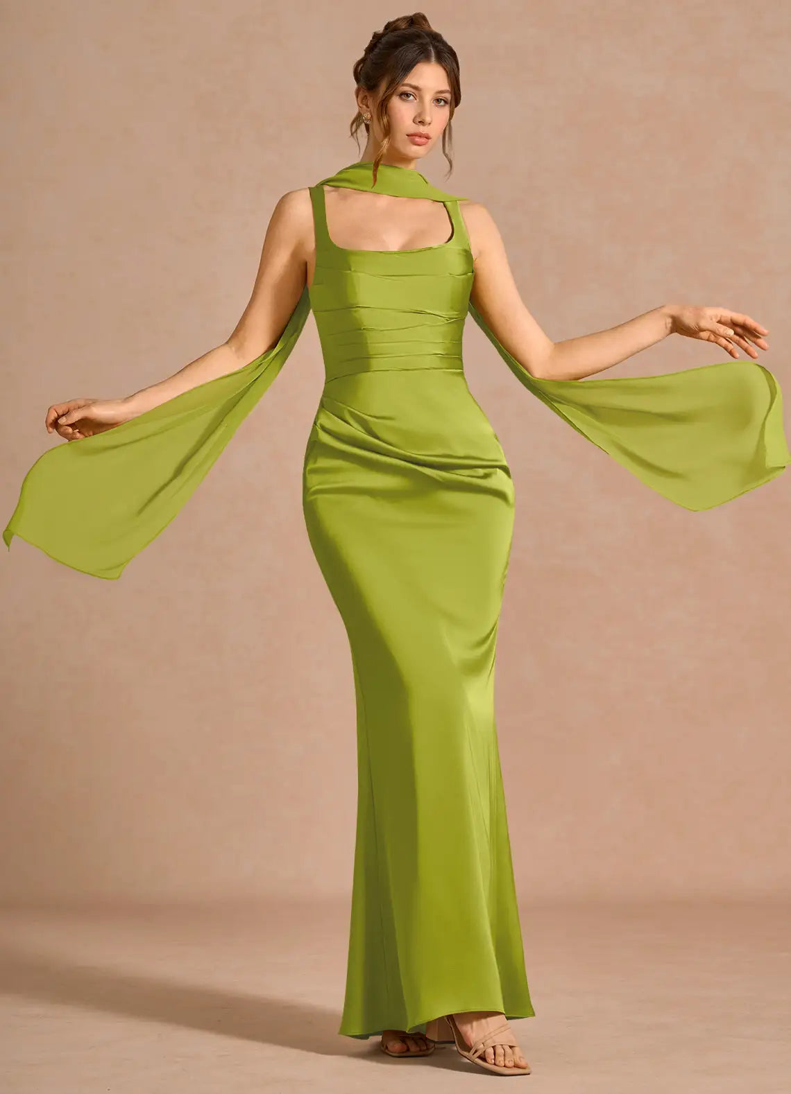 Olive Green Square Neck Sash Lace Up Back Mermaid Maxi Wedding Guest Dress